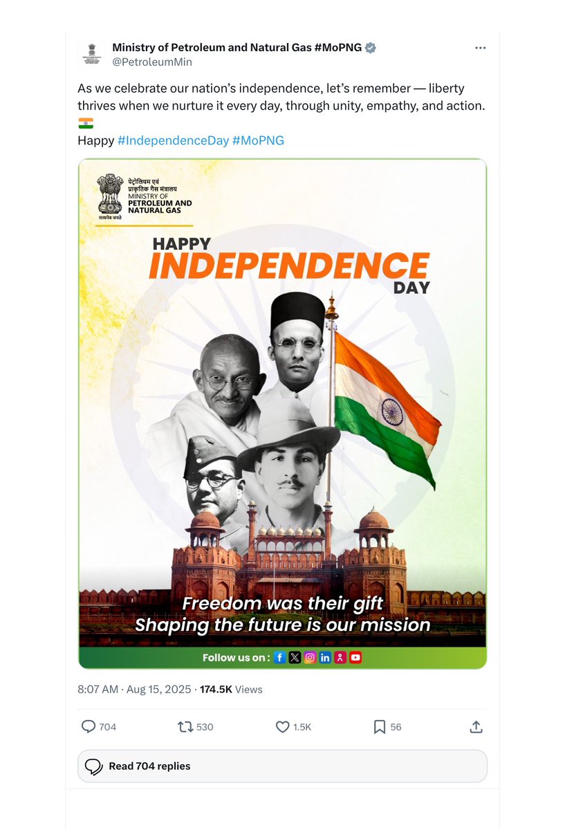 Sajimol Francis (@sajimolfrancis) on Twitter photo In <a href="/PetroleumMin/">Ministry of Petroleum and Natural Gas #MoPNG</a>’s #IndependenceDay poster, Savarkar is placed above the tricolour and Gandhi Ji.
With no notable RSS role in the freedom struggle, this is nothing but fake history. Does <a href="/TheSureshGopi/">Suressh Gopi</a>, minister in this dept, endorse this insult to our national symbols? #India In <a href="/PetroleumMin/">Ministry of Petroleum and Natural Gas #MoPNG</a>’s #IndependenceDay poster, Savarkar is placed above the tricolour and Gandhi Ji.
With no notable RSS role in the freedom struggle, this is nothing but fake history. Does <a href="/TheSureshGopi/">Suressh Gopi</a>, minister in this dept, endorse this insult to our national symbols? #India