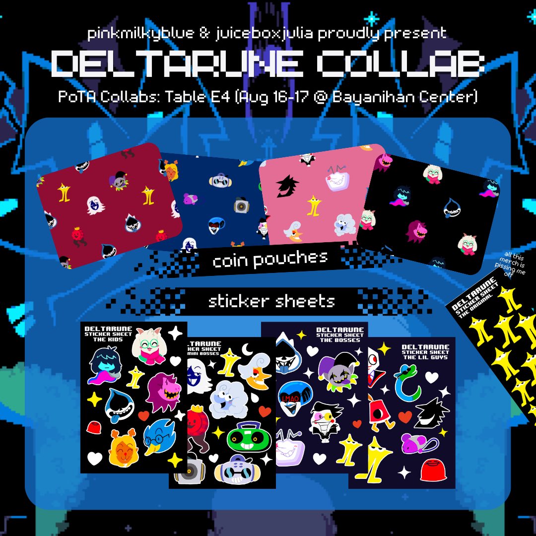 💖 pink + blue 💙 (@pinkmilkyblue) on Twitter photo Heeey <a href="/juiceboxjulia/">juiceboxjulia</a> and I are collaborating on new Deltarune merch for Patrons of the Arts: Collabs this weekend (Aug 16-17)! We have sticker sheets and pouches, along with our usual stock of merch! Catch us at Table E4 in Bayanihan Center ✨❤️
#PatronsoftheArts #PotACollabs Heeey <a href="/juiceboxjulia/">juiceboxjulia</a> and I are collaborating on new Deltarune merch for Patrons of the Arts: Collabs this weekend (Aug 16-17)! We have sticker sheets and pouches, along with our usual stock of merch! Catch us at Table E4 in Bayanihan Center ✨❤️
#PatronsoftheArts #PotACollabs