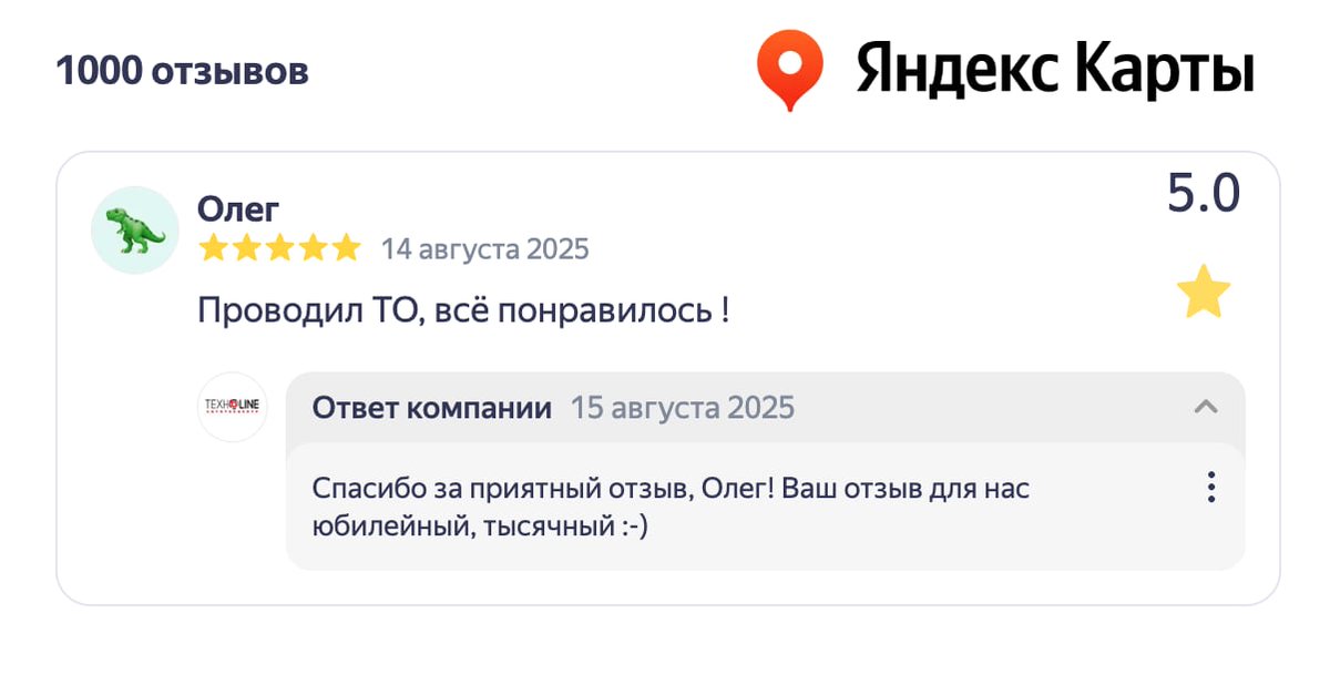 linetechnoru's tweet photo. 🎉 У нас юбилей отзывов! 🎉

Автосервис Технолайн в Люберцах собрал 1000 отзывов на Яндекс Картах! 🚗💬

Спасибо каждому, кто доверяет нам свой автомобиль и делится впечатлениями.
Ваши слова помогают нам становиться лучше, а иногда просто делают наш день 😊 https://t.co/DiPkEj1ZMQ