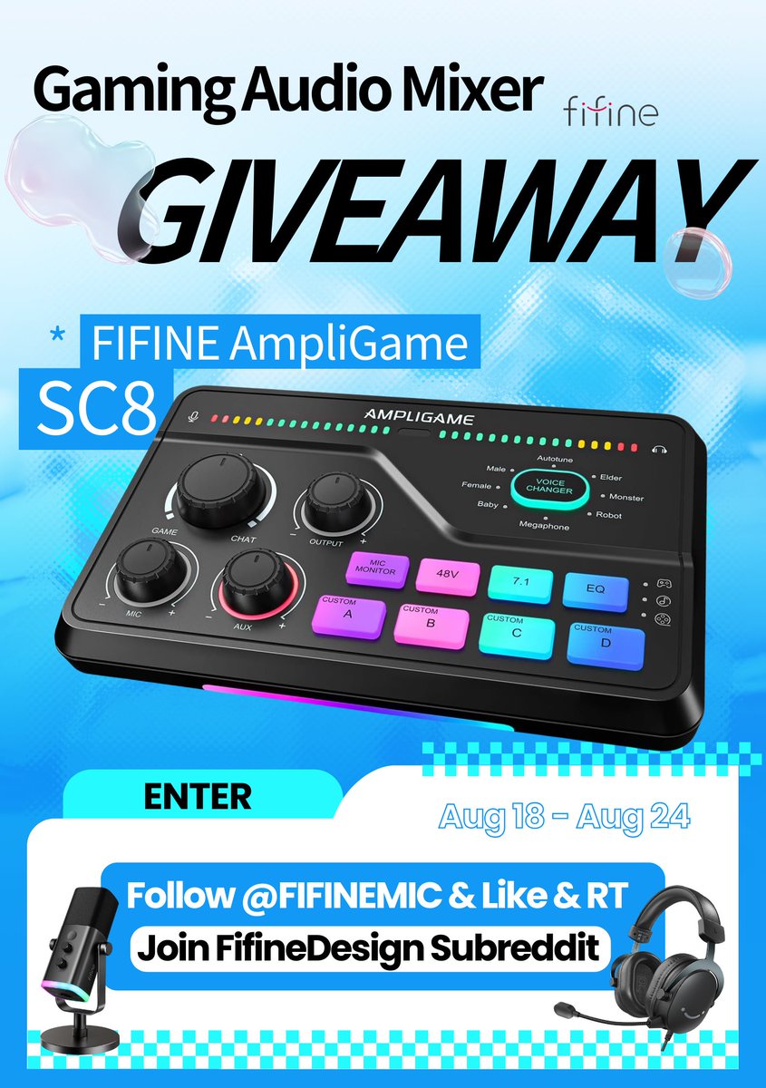 FIFINEMICROPHONE (@fifinemic) on Twitter photo 🔥Beat the Heat Chaos and Defend Your Sound Loot!☀️
📢Win FIFINE AmpliGame SC8
🔔Follow <a href="/FIFINEMIC/">FIFINEMICROPHONE</a>
🔁Like + RT
🆙Join FifineDesign Subreddit to up the chance: reddit.com/r/FifineDesign/
Prize:
🎁SC8 audio mixer & AM8 mic - Winner*1
🎁SC8 audio mixer & H9 headset - Winner*1
🎁SC8 🔥Beat the Heat Chaos and Defend Your Sound Loot!☀️
📢Win FIFINE AmpliGame SC8
🔔Follow <a href="/FIFINEMIC/">FIFINEMICROPHONE</a>
🔁Like + RT
🆙Join FifineDesign Subreddit to up the chance: reddit.com/r/FifineDesign/
Prize:
🎁SC8 audio mixer & AM8 mic - Winner*1
🎁SC8 audio mixer & H9 headset - Winner*1
🎁SC8