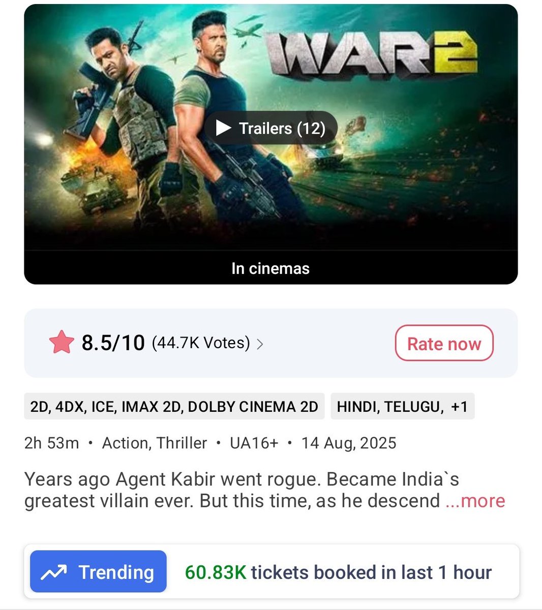 filmy_view's tweet image. Now 60K+ 🔥

#Coolie peak hour (60.17K, Pre-sales) crossed. #War2 ✔️
