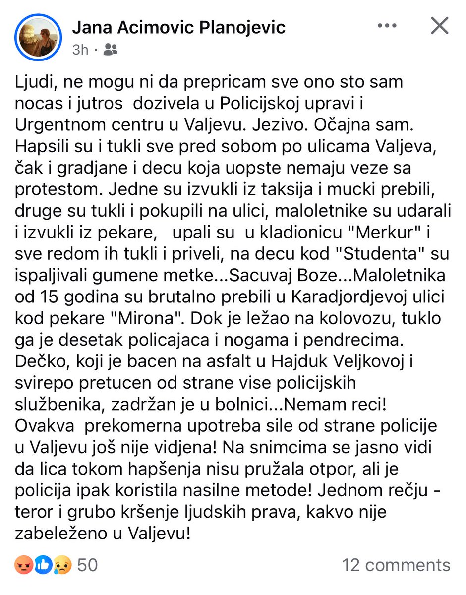 Post jedne valjevske advokatice o događanjima u Valjevu i ponašanju policije.