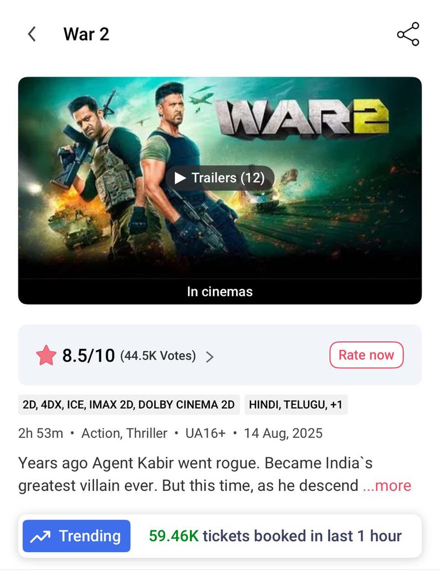 RJoy321's tweet photo. F**K off negativity from samosa critics.. Public l going gaga.. Almost 60k tickets getting sold per hour huge jump on the cards …. WAR 2 🔥 @iHrithik https://t.co/9Pz8rHYVZJ