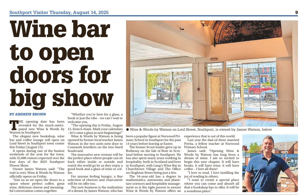 AndrewBrownEdit's tweet image. Excited to see the brand new Wine &amp;amp; Words By Watson opening in Southport town centre today! 
A quality addition to Lord Street: bit.ly/3JfDUsz
#StandUpForSouthport #southport #bookshop #winebar #coffeelounge #lordstreet