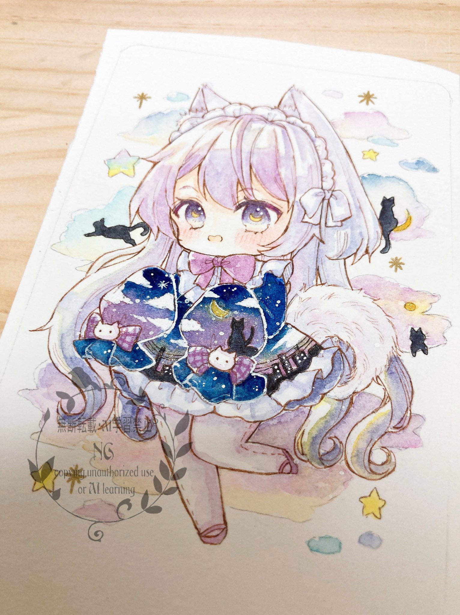 中秋の名月と猫、水彩紙24cm×35cm 中秋の名月と猫、水彩紙24cm×35cm 中秋の名月と
