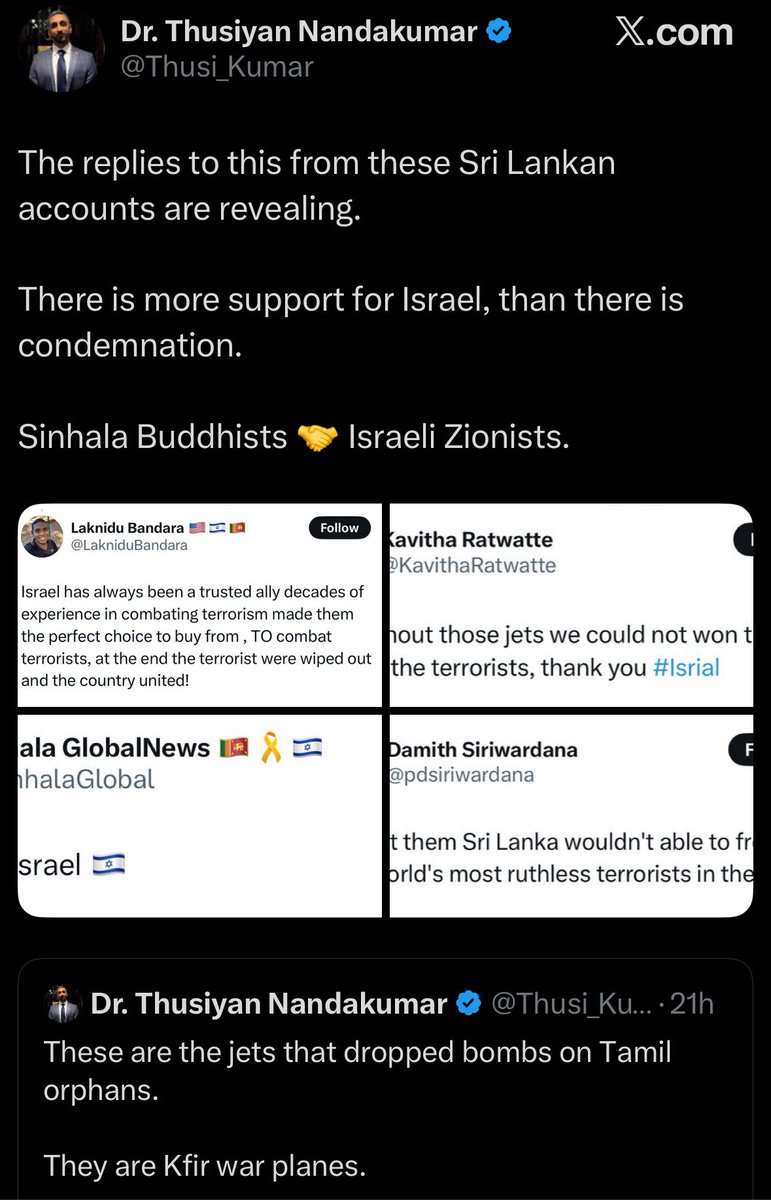 Notice how Thusiyan uses bot accounts and the Sri Lankan Zionist lad to equate all Sinhala Buddhists to Zionists 🤦🏽‍♂️😭

People who share this nonsense need to get their head examined