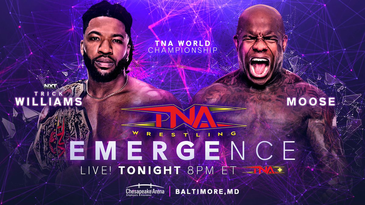 TNA Wrestling (@thisistna) on Twitter photo TONIGHT at #TNAEmergence ā streaming LIVE at 8 PM ET on TNA+ from Baltimore, MD!
.<a href="/TheMooseNation/">MOOSEā¢ļø</a> gets his one-on-one shot at <a href="/WWENXT/">WWE NXT</a>'s <a href="/_trickwilliams/">Trick Williams</a> for the TNA World Championship!
Will Trick prove heās the real face of TNA or will Moose reclaim his throne in Baltimore?
š TONIGHT at #TNAEmergence ā streaming LIVE at 8 PM ET on TNA+ from Baltimore, MD!
.<a href="/TheMooseNation/">MOOSEā¢ļø</a> gets his one-on-one shot at <a href="/WWENXT/">WWE NXT</a>'s <a href="/_trickwilliams/">Trick Williams</a> for the TNA World Championship!
Will Trick prove heās the real face of TNA or will Moose reclaim his throne in Baltimore?
š