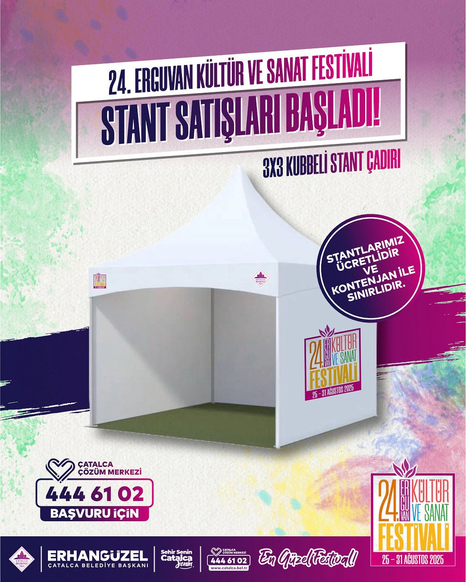 24. Erguvan Kültür ve Sanat Festivali kapsamında, Çatalca’nın kültürel ve yöresel ürünlerinin satışında kullanılacak 3x3 kubbeli stant çadırlarının satışları başlamıştır.
Stantlar ücretli olup, kontenjanla sınırlıdır.

📍 Başvuru Adresi: Kültür ve Sosyal İşler Müdürlüğü
📞