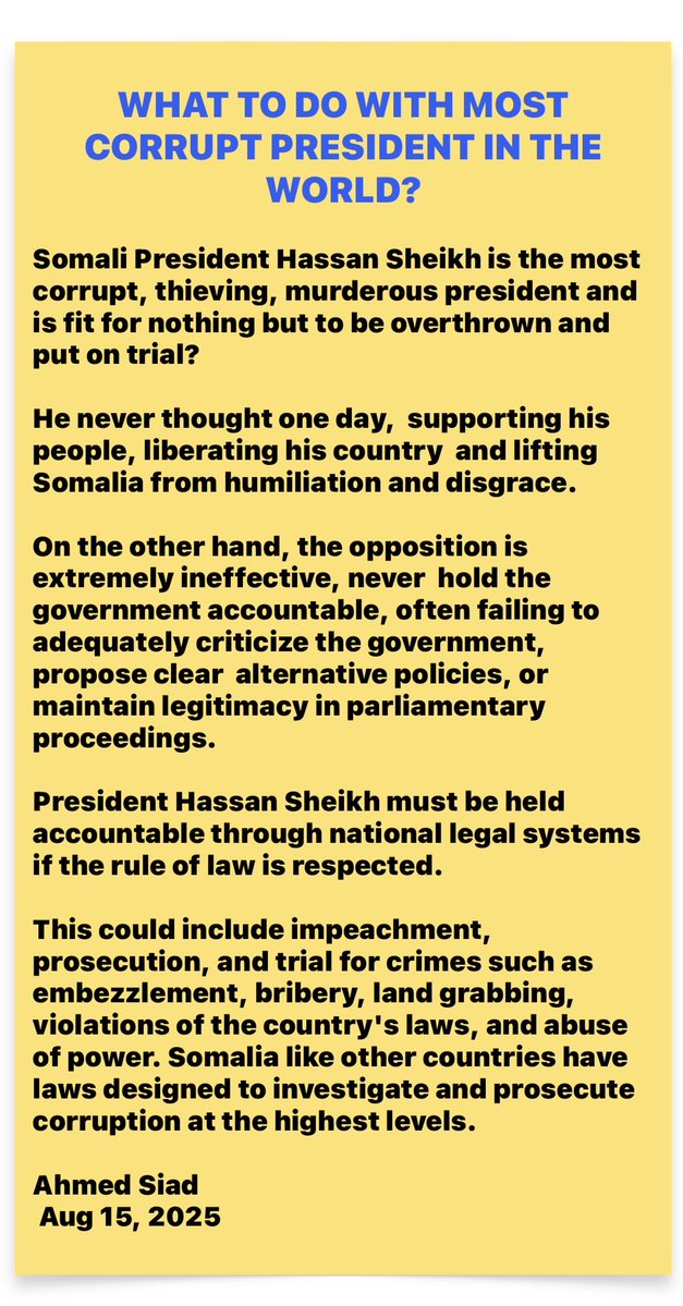 Ahmed Siad (@siad_a) on Twitter photo What to do with criminal <a href="/HassanSMohamud/">Hassan Sheikh Mohamud</a> <a href="/HESharifShAhmed/">Sharif Sheikh Ahmed</a> <a href="/HassanAKhaire/">Hassan Ali Khaire</a>
<a href="/faaraxsheekh/">Farah Sheikh Abdulkadir</a>
<a href="/AliOmarMP/">Ali Omar</a>
<a href="/UKinSomalia/">UK in Somalia🇬🇧🇸🇴</a> <a href="/US2SOMALIA/">U.S. Embassy Mogadishu, Somalia</a>
<a href="/EU_in_Somalia/">EU Delegation Somalia</a>
<a href="/UNSomalia/">UNSOM</a> <a href="/Abukar_Arman/">4DialogSk</a> <a href="/junlay99/">Junlay99</a> <a href="/AAbdishakur/">Abdirahman Abdishakur</a> <a href="/M_Farmaajo/">Mohamed Farmaajo</a> <a href="/MohamoudGaildon/">Mohamoud Gaildon</a> <a href="/MPDrAbib/">MP Dr Abdillahi Hashi Abib</a> <a href="/TC_MogadisuBE/">Türkiye in Somalia</a> <a href="/camalowfa/">Farah H A.Amalo</a> <a href="/abdisalamisma1/">Abdisalam Yusuf</a> <a href="/OsmanAli4/">Osman Ali</a> What to do with criminal <a href="/HassanSMohamud/">Hassan Sheikh Mohamud</a> <a href="/HESharifShAhmed/">Sharif Sheikh Ahmed</a> <a href="/HassanAKhaire/">Hassan Ali Khaire</a>
<a href="/faaraxsheekh/">Farah Sheikh Abdulkadir</a>
<a href="/AliOmarMP/">Ali Omar</a>
<a href="/UKinSomalia/">UK in Somalia🇬🇧🇸🇴</a> <a href="/US2SOMALIA/">U.S. Embassy Mogadishu, Somalia</a>
<a href="/EU_in_Somalia/">EU Delegation Somalia</a>
<a href="/UNSomalia/">UNSOM</a> <a href="/Abukar_Arman/">4DialogSk</a> <a href="/junlay99/">Junlay99</a> <a href="/AAbdishakur/">Abdirahman Abdishakur</a> <a href="/M_Farmaajo/">Mohamed Farmaajo</a> <a href="/MohamoudGaildon/">Mohamoud Gaildon</a> <a href="/MPDrAbib/">MP Dr Abdillahi Hashi Abib</a> <a href="/TC_MogadisuBE/">Türkiye in Somalia</a> <a href="/camalowfa/">Farah H A.Amalo</a> <a href="/abdisalamisma1/">Abdisalam Yusuf</a> <a href="/OsmanAli4/">Osman Ali</a>