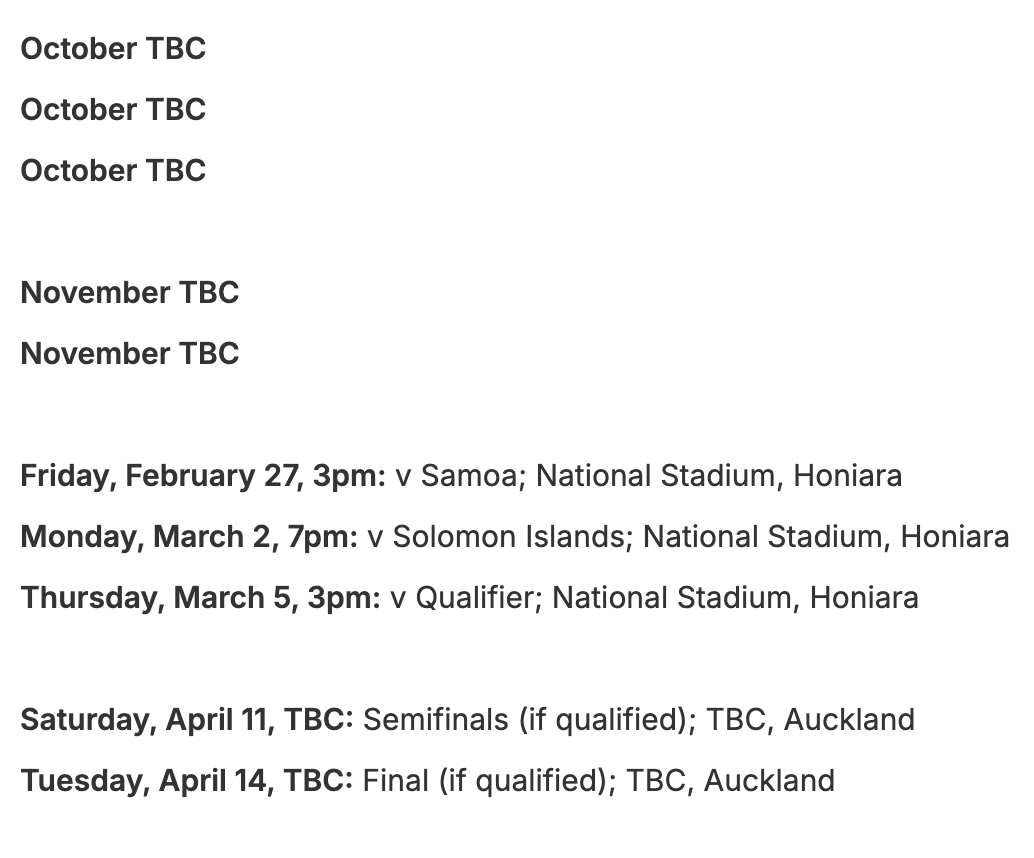 Andrew Voerman (@andrewvoerman) on Twitter photo After today's <a href="/OFCfootball/">Oceania Football Confederation</a> World Cup qualifying draw, the <a href="/NZ_Football/">New Zealand Football π³πΏ</a> #FootballFerns fixture slate looks like this at present
Hopefully confirmation of October/November fixtures isn't far away After today's <a href="/OFCfootball/">Oceania Football Confederation</a> World Cup qualifying draw, the <a href="/NZ_Football/">New Zealand Football π³πΏ</a> #FootballFerns fixture slate looks like this at present
Hopefully confirmation of October/November fixtures isn't far away