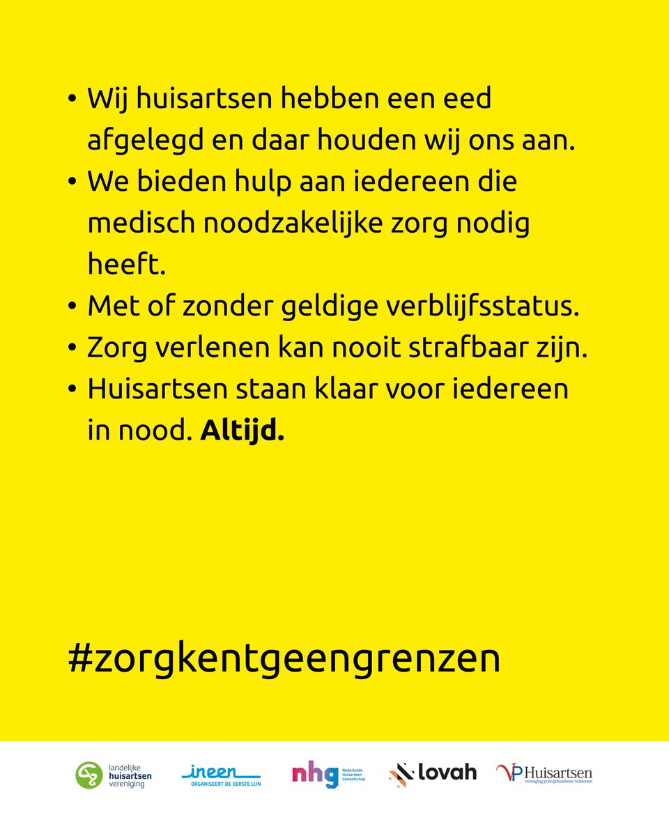 LHVhuisartsen's tweet photo. Medisch noodzakelijke zorg kent geen grenzen: zorg verlenen kan nooit strafbaar zijn. Huisartsen staan klaar voor iedereen in nood. Altijd. Doe ook mee en spreek je uit! 
#zorgkentgeengrenzen 
👉https://t.co/lkz5vNQpBB https://t.co/3lXdi4k1AS
