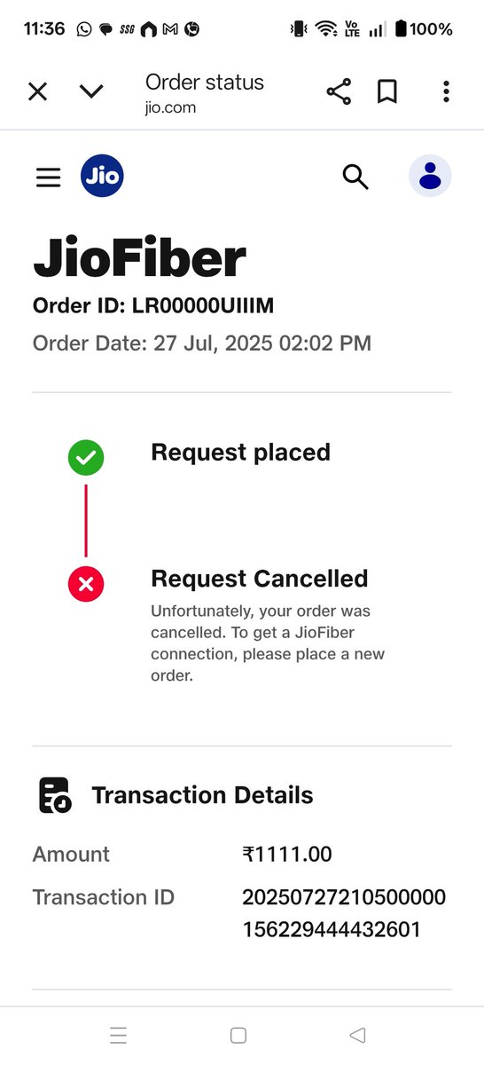 KiyS255649's tweet photo. @JioCare @DoT_India plz help me with this. Jio didn't even install the FTTH connection, they cancelled the order after by complaint about staff filthy behavior. Still they didn't refund my amount. How is customer interest protected? https://t.co/BWL3YRaWZk