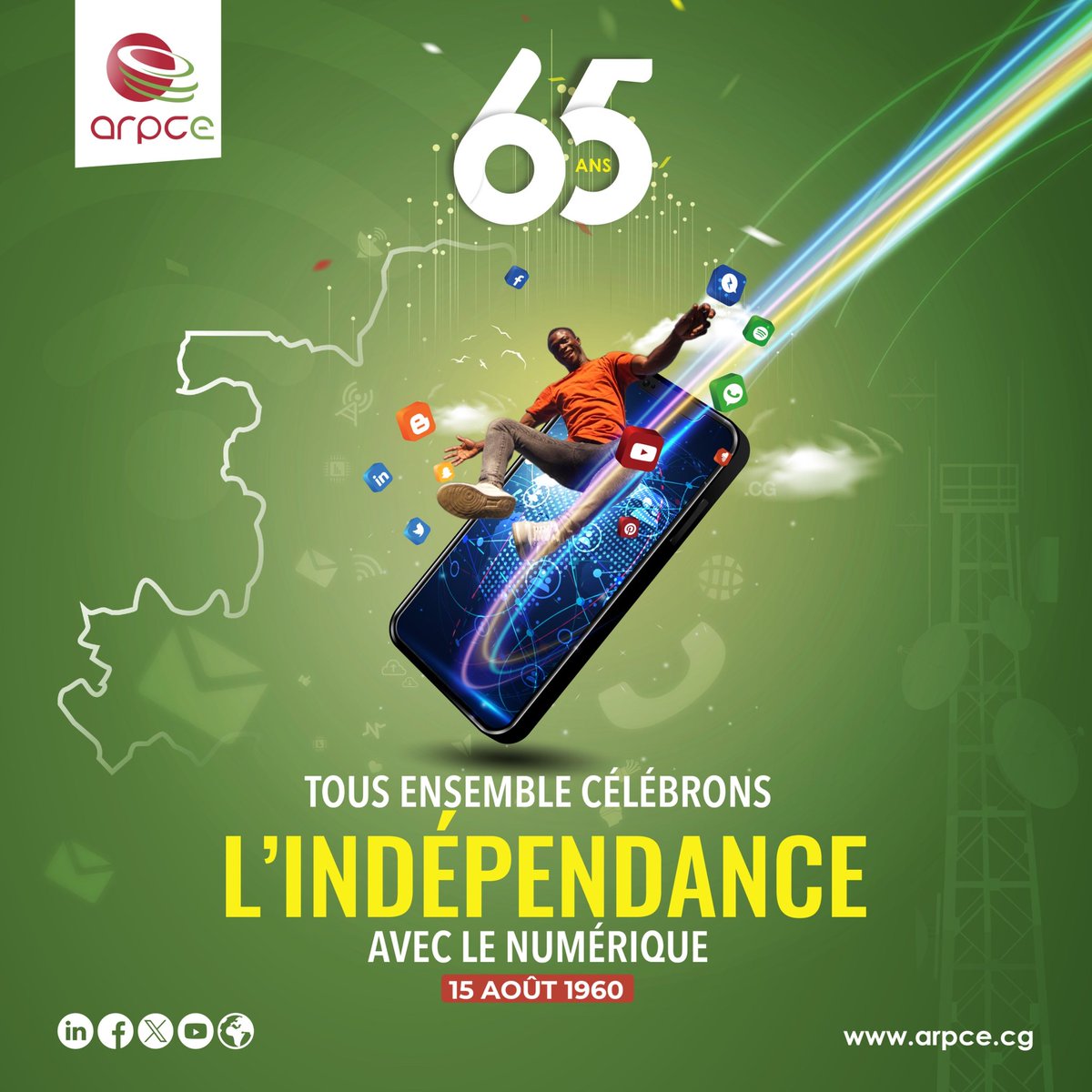 ARPCECongo's tweet image. A l’occasion de la célébration du 65eme anniversaire de l’indépendance du Congo, l&apos;Agence de Régulation des Postes et des Communications Electroniques (ARPCE) souhaite une bonne fête de l&apos;indépendance à tous les congolais. 

#ArpceCongo #Lipanda2025 #ChezMoiAuCongo