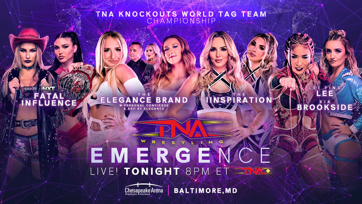 ThisIsTNA's tweet photo. TONIGHT at #TNAEmergence – streaming LIVE at 8 PM ET on TNA+ from Baltimore, MD!

After weeks of tension, run-ins, and statement wins, The Elegance Brand defend the Knockouts World Tag Team Titles in a four-way against #WWENXT's Fatal Influence, The IInspiration, and the debuting duo of @TheLeiYingLee & @XiaBrookside. 

Will the champions find a way to escape, or does a new team rise to the top?

@Heathereckless @justmaggielee @FallonHenleyWWE @CassieLee @JessicaMcKay  

🎟 Tickets: https://t.co/DxQQm3NKY5

Use the code EMERGENCE25 for one free month of TNA+: https://t.co/WQ8fLCdlMV