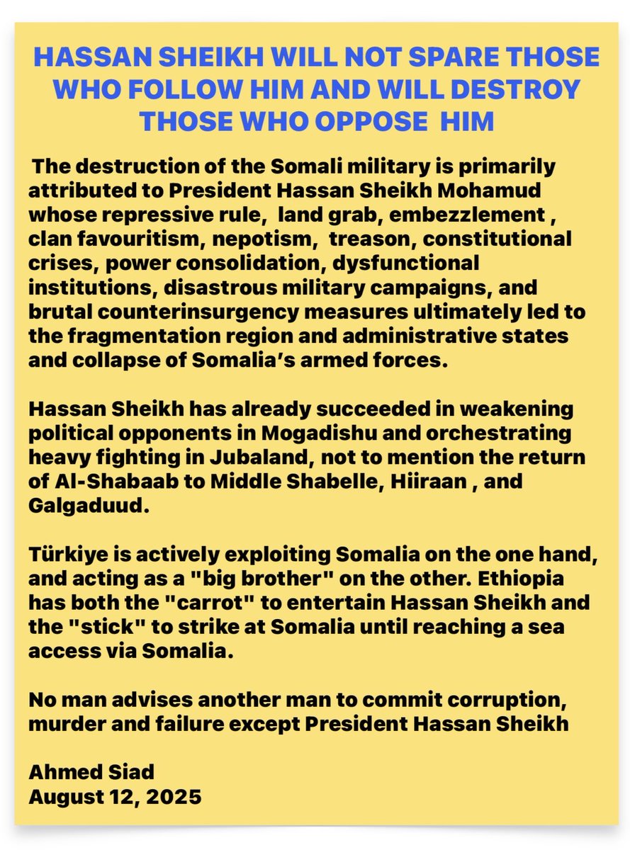 Ahmed Siad (@siad_a) on Twitter photo Spare no one <a href="/HassanSMohamud/">Hassan Sheikh Mohamud</a> <a href="/HESharifShAhmed/">Sharif Sheikh Ahmed</a> <a href="/HassanAKhaire/">Hassan Ali Khaire</a>
<a href="/faaraxsheekh/">Farah Sheikh Abdulkadir</a>
<a href="/AliOmarMP/">Ali Omar</a>
<a href="/UKinSomalia/">UK in Somalia🇬🇧🇸🇴</a> <a href="/US2SOMALIA/">U.S. Embassy Mogadishu, Somalia</a>
<a href="/EU_in_Somalia/">EU Delegation Somalia</a>
<a href="/UNSomalia/">UNSOM</a> <a href="/Abukar_Arman/">4DialogSk</a> <a href="/junlay99/">Junlay99</a> <a href="/AAbdishakur/">Abdirahman Abdishakur</a> <a href="/M_Farmaajo/">Mohamed Farmaajo</a> <a href="/MohamoudGaildon/">Mohamoud Gaildon</a> <a href="/MPDrAbib/">MP Dr Abdillahi Hashi Abib</a> <a href="/TC_MogadisuBE/">Türkiye in Somalia</a> <a href="/camalowfa/">Farah H A.Amalo</a> <a href="/abdisalamisma1/">Abdisalam Yusuf</a> <a href="/OsmanAli4/">Osman Ali</a> Spare no one <a href="/HassanSMohamud/">Hassan Sheikh Mohamud</a> <a href="/HESharifShAhmed/">Sharif Sheikh Ahmed</a> <a href="/HassanAKhaire/">Hassan Ali Khaire</a>
<a href="/faaraxsheekh/">Farah Sheikh Abdulkadir</a>
<a href="/AliOmarMP/">Ali Omar</a>
<a href="/UKinSomalia/">UK in Somalia🇬🇧🇸🇴</a> <a href="/US2SOMALIA/">U.S. Embassy Mogadishu, Somalia</a>
<a href="/EU_in_Somalia/">EU Delegation Somalia</a>
<a href="/UNSomalia/">UNSOM</a> <a href="/Abukar_Arman/">4DialogSk</a> <a href="/junlay99/">Junlay99</a> <a href="/AAbdishakur/">Abdirahman Abdishakur</a> <a href="/M_Farmaajo/">Mohamed Farmaajo</a> <a href="/MohamoudGaildon/">Mohamoud Gaildon</a> <a href="/MPDrAbib/">MP Dr Abdillahi Hashi Abib</a> <a href="/TC_MogadisuBE/">Türkiye in Somalia</a> <a href="/camalowfa/">Farah H A.Amalo</a> <a href="/abdisalamisma1/">Abdisalam Yusuf</a> <a href="/OsmanAli4/">Osman Ali</a>