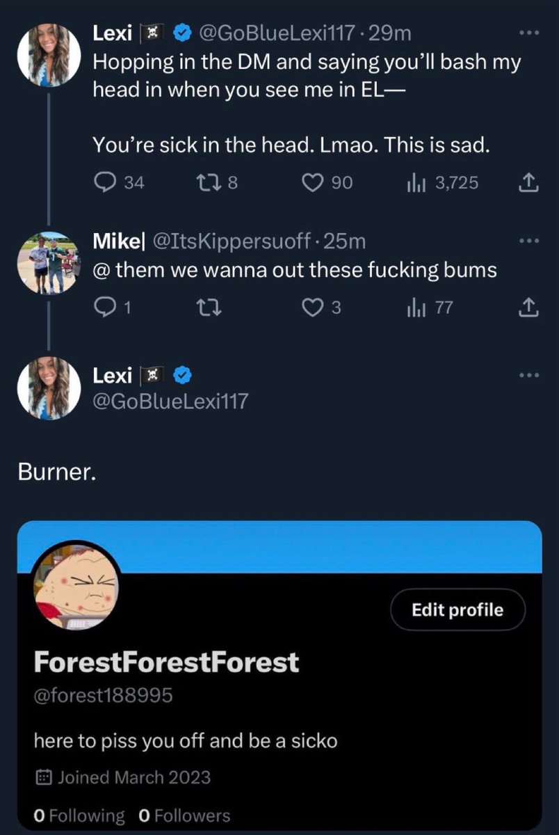 I cant believe GoBlueLexi is still active on this platform because if I exposed myself sending death threats to myself like this I would ghost the app entirely