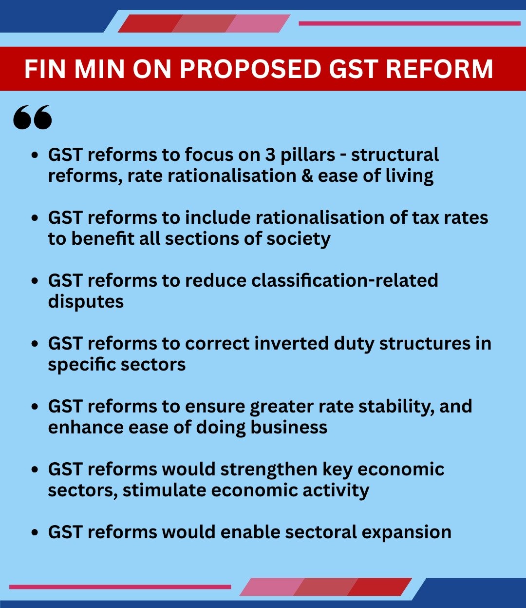 TradeBulls on X: "Finance Ministry on proposed GST reforms: GST reforms to focus on 3 pillars - structural reforms, rate rationalisation & ease of living"