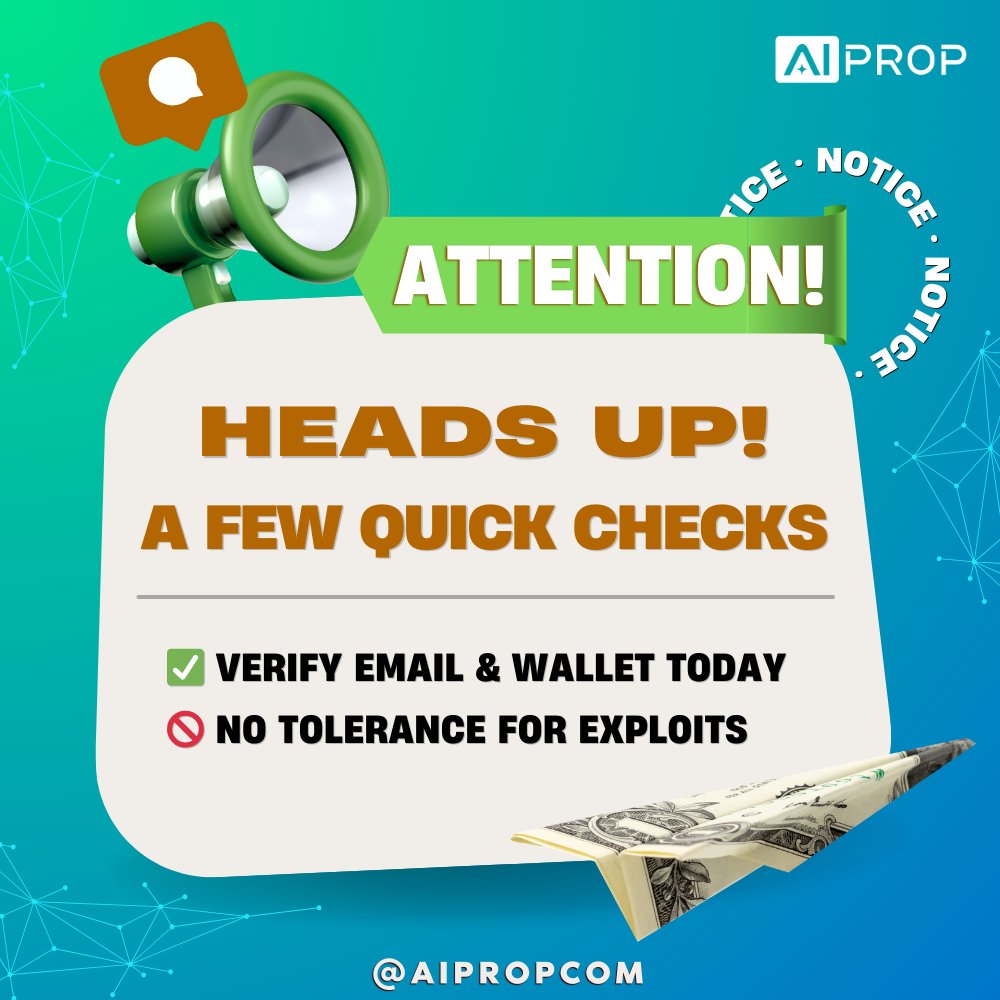 AipropCom's tweet image. 🚨 Quick Reminder for AI Prop Dubai Contestants:

✅ Verify your email + wallet = eligible for rewards

🚫 Fraud detected = Entries deducted (as per rules)

Let’s keep it fair &amp;amp; clean 💼 

#AIProp #AIPropDubai2025 #AIPropForex #MMO #FreeToEarn #PassiveIncome