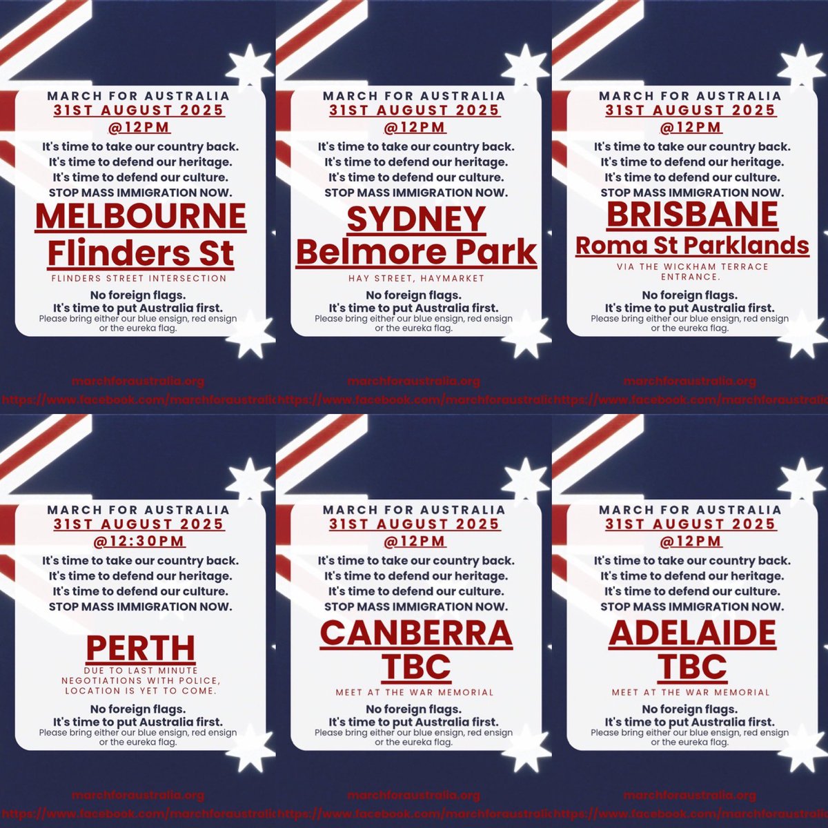 Mickamious (@mickamiousg) on Twitter photo OFFICIAL;
31st August, 2025, March for Australia, Australia Wide
Locations Confirmed & Released
If you can assist in organising Canberra or Adelaide, please reach out to <a href="/BecFreedom/">Bec Freedom</a> or <a href="/marchforaus/">March for Australia</a> to assist due last minute changes.
The Day is for YOU the people. OFFICIAL;
31st August, 2025, March for Australia, Australia Wide
Locations Confirmed & Released
If you can assist in organising Canberra or Adelaide, please reach out to <a href="/BecFreedom/">Bec Freedom</a> or <a href="/marchforaus/">March for Australia</a> to assist due last minute changes.
The Day is for YOU the people.