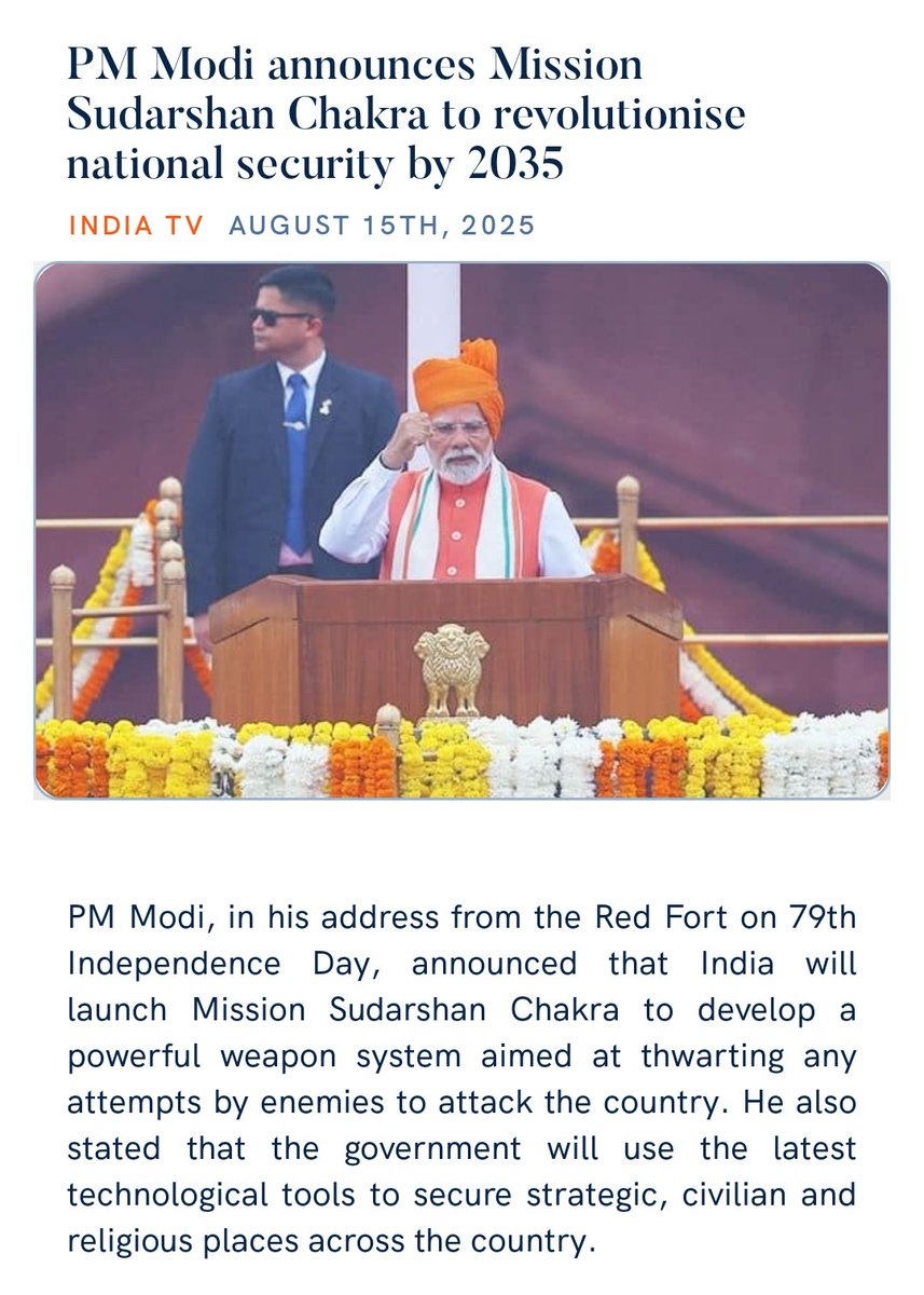 _anuragjps's tweet photo. PM Modi announces Mission Sudarshan Chakra to revolutionise national security by 2035
https://t.co/DdsIw6uTzM via NaMo App https://t.co/tPWNdCImCK