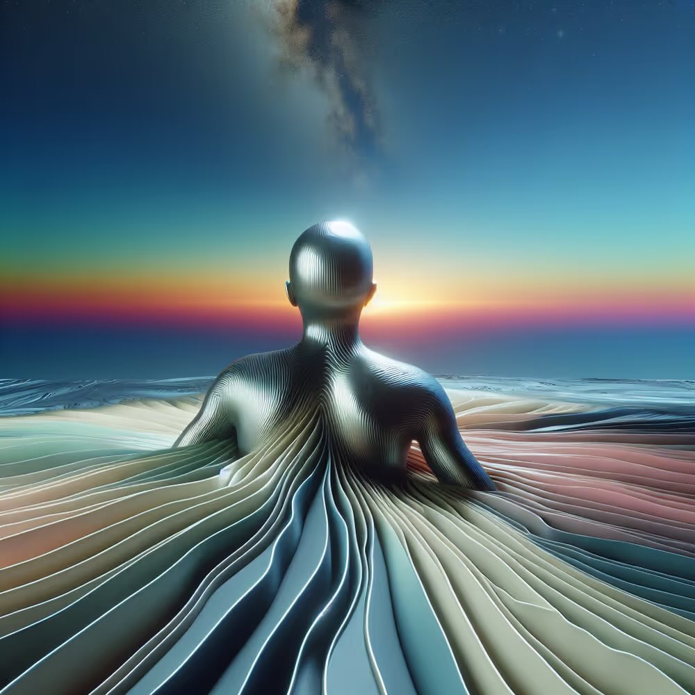 宇宙の夕焼けを背景にカラフルなデータ波から現れる金属製の人物を描いたAI生成アート、ブロックチェーンにおけるAIエージェントを象徴
