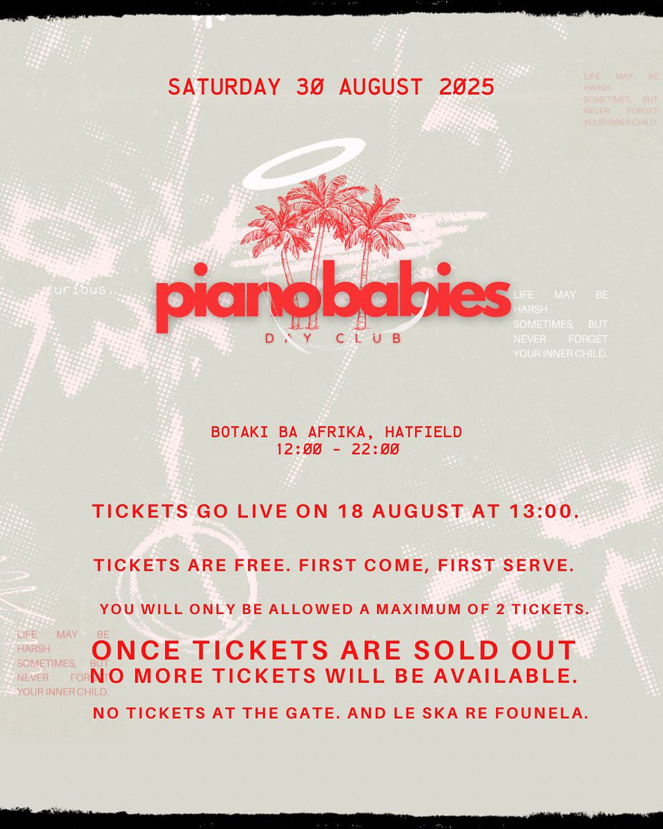 Tickets for #PianoBabiesDayClub drop on MONDAY 18 AUGUST. 

Tickets are free, so FIRST COME, FIRST SERVE.