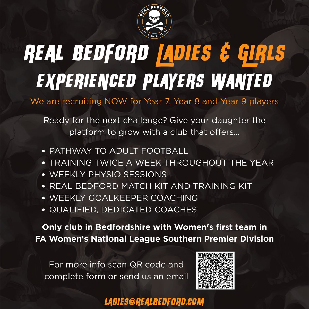 𝗘𝘅𝗽𝗲𝗿𝗶𝗲𝗻𝗰𝗲𝗱 𝗣𝗹𝗮𝘆𝗲𝗿𝘀 𝗪𝗮𝗻𝘁𝗲𝗱 🏴‍☠️

Real Bedford Ladies &amp; Girls are recruiting experienced players to join their squads. 

Ready for the next challenge? 

All the info ⤵️