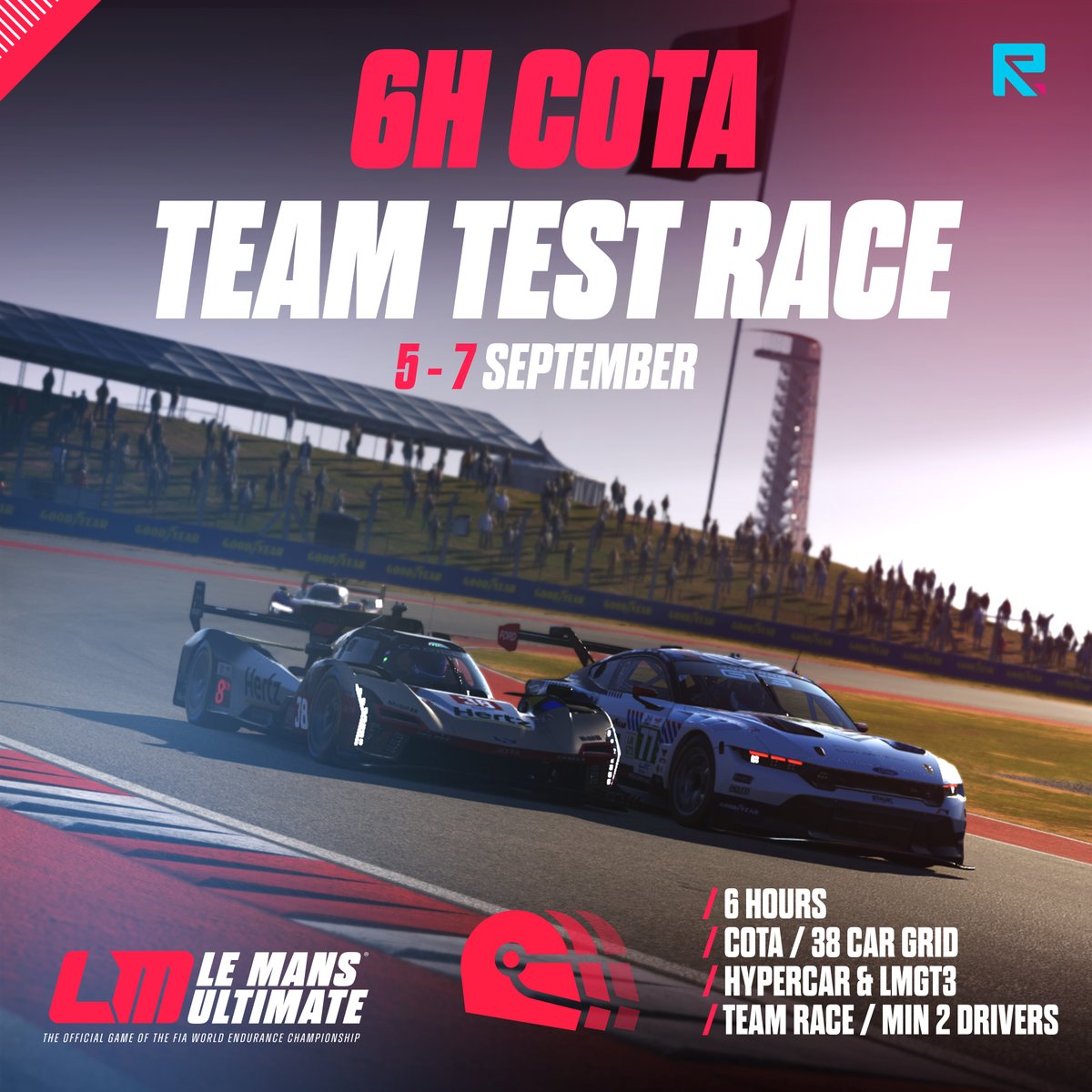 Mark your calendars!🗓️

Race your own 6 Hours COTA with your friends the same weekend as <a href="/FIAWEC/">FIA World Endurance Championship</a> in our second 'Team Test Race' 

🗓Date: Sept 5-7
🕐Duration: 6 hours 
🏎️Classes: Hypercar &amp; LMGT3 
👥Teams: Min 2 / Max 6 (no solo entries) 

See you stateside! 🇺🇸

#lemansultimate
