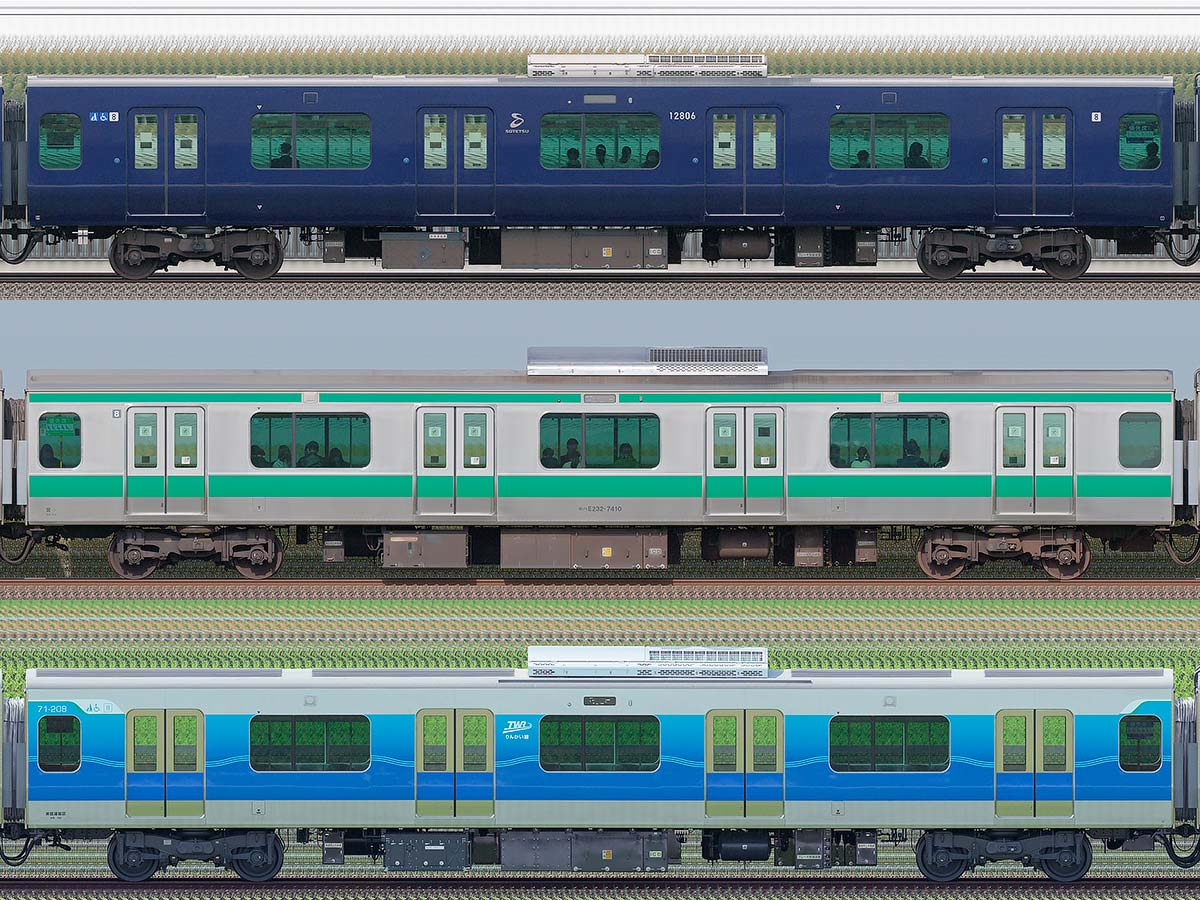 【比較ビュー】
相鉄12000系
JR東日本E233系
東京臨海高速鉄道71-000形

10号車から8号車を並べてみました
（8号車のみ両面）