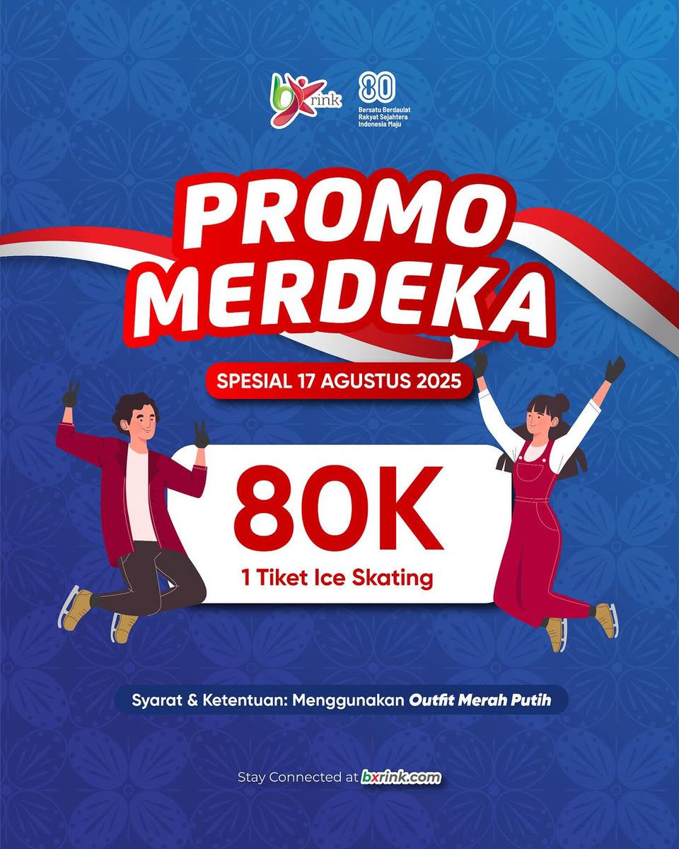 Siap-siap rayakan kemerdekaan sambil seru-seruan di atas es! ❄ ⛸

Ajak keluarga, sahabat, atau pasangan, dan tunjukkan outfit merah dan putih terbaikmu di kasir untuk dapetin promo spesial ini.

Jangan sampai ketinggalan momen seru ini!
Sampai ketemu di BX Rink, skaters! ✨