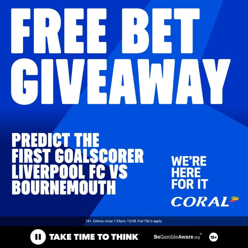 Coral (@coral) on Twitter photo ๐จ ยฃ100 FREE BET GIVEAWAY! ๐จ
๐ต Correctly predict the first scorer in LFC vs Bournemouth
๐ต Retweet and like this post
๐ต Follow <a href="/Coral/">Coral</a> and <a href="/CRCofficial/">Coral Racing Club</a>
One randomly selected correct prediction will win ยฃ100 in free bets! ๐ค ๐จ ยฃ100 FREE BET GIVEAWAY! ๐จ
๐ต Correctly predict the first scorer in LFC vs Bournemouth
๐ต Retweet and like this post
๐ต Follow <a href="/Coral/">Coral</a> and <a href="/CRCofficial/">Coral Racing Club</a>
One randomly selected correct prediction will win ยฃ100 in free bets! ๐ค