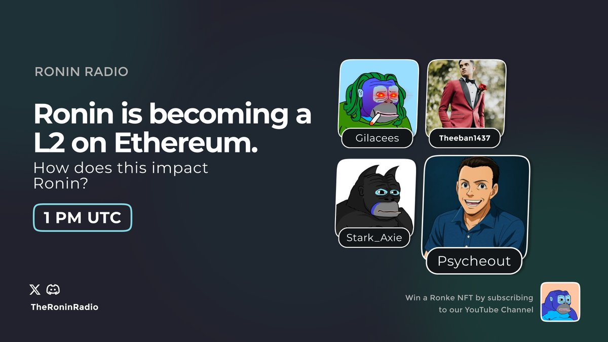 Big move for the entire <a href="/Ronin_Network/">Ronin</a> ecosystem!🚀

Ronin becoming a layer 2 on Ethereum unlocks exciting opportunities for us; enhanced tokenomics, expanded DeFi integrations, increased trading volume, and much more. 

Joining us on Ronin Radio today is <a href="/Psycheout86/">Psycheout.ron</a> to break