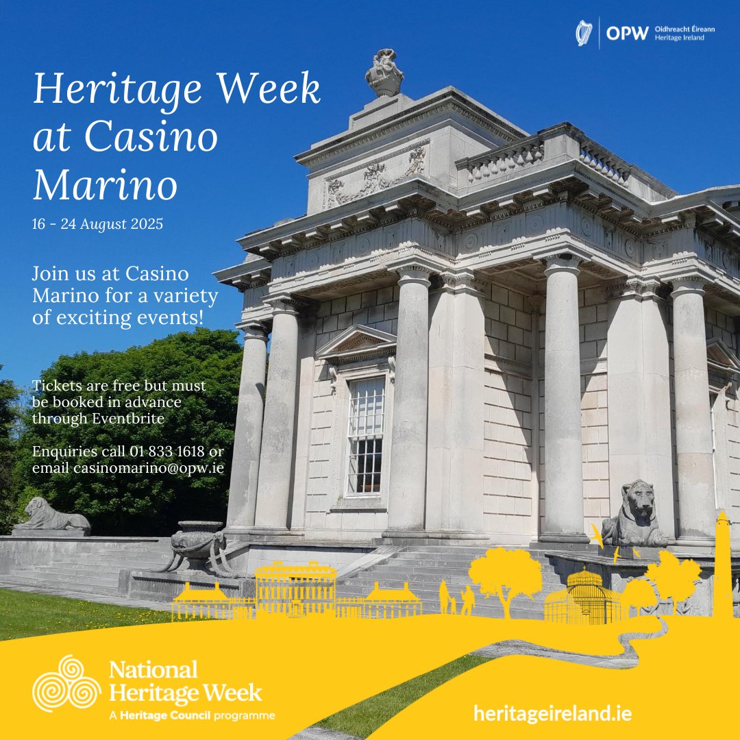 Celebrate the start of Heritage Week 2025 with us at Casino Marino on Saturday, 16th August! Enjoy free guided tours running every hour from 10am to 4pm. To book your tickets, please call us at 01 8331618 or email casinomarino@opw.ie