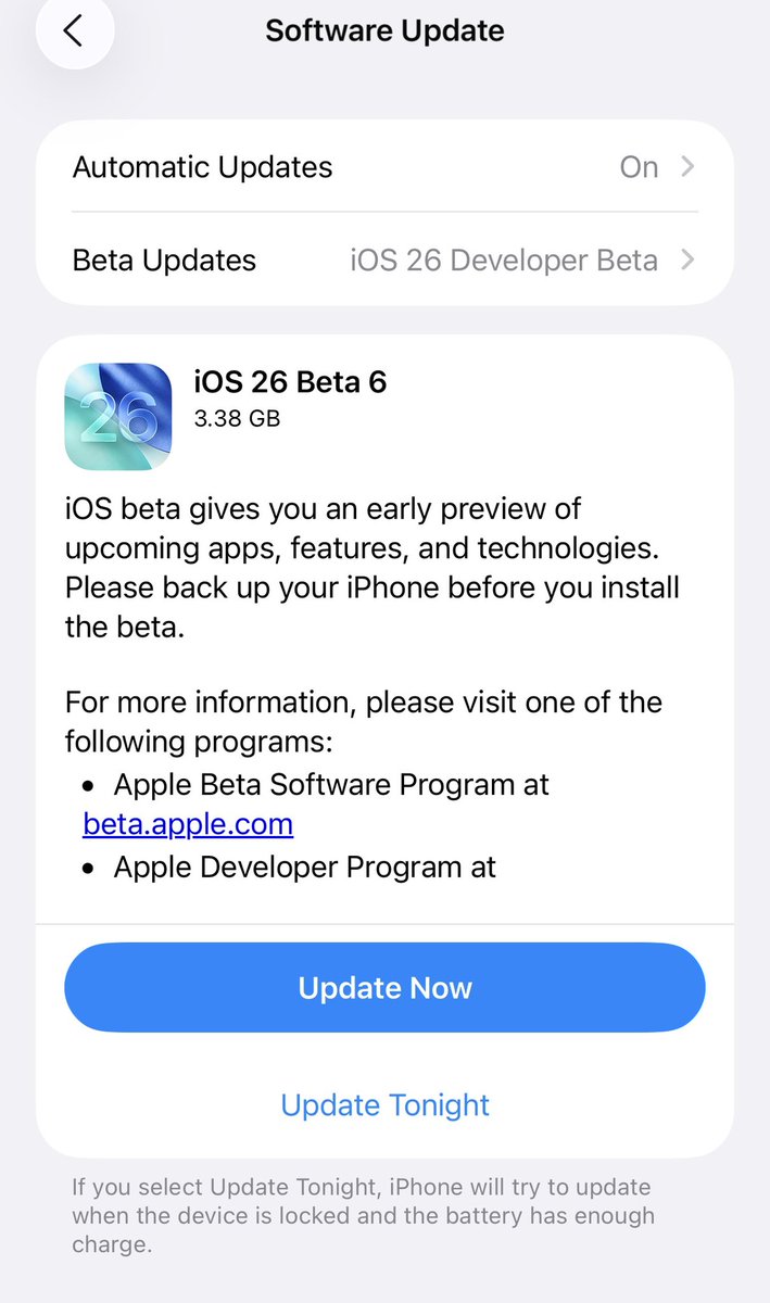 ZeroTrustNinja's tweet image. Apple iOS 26 public Beta 6 is now ready for installation 

#iOS26
#iOS26Beta6