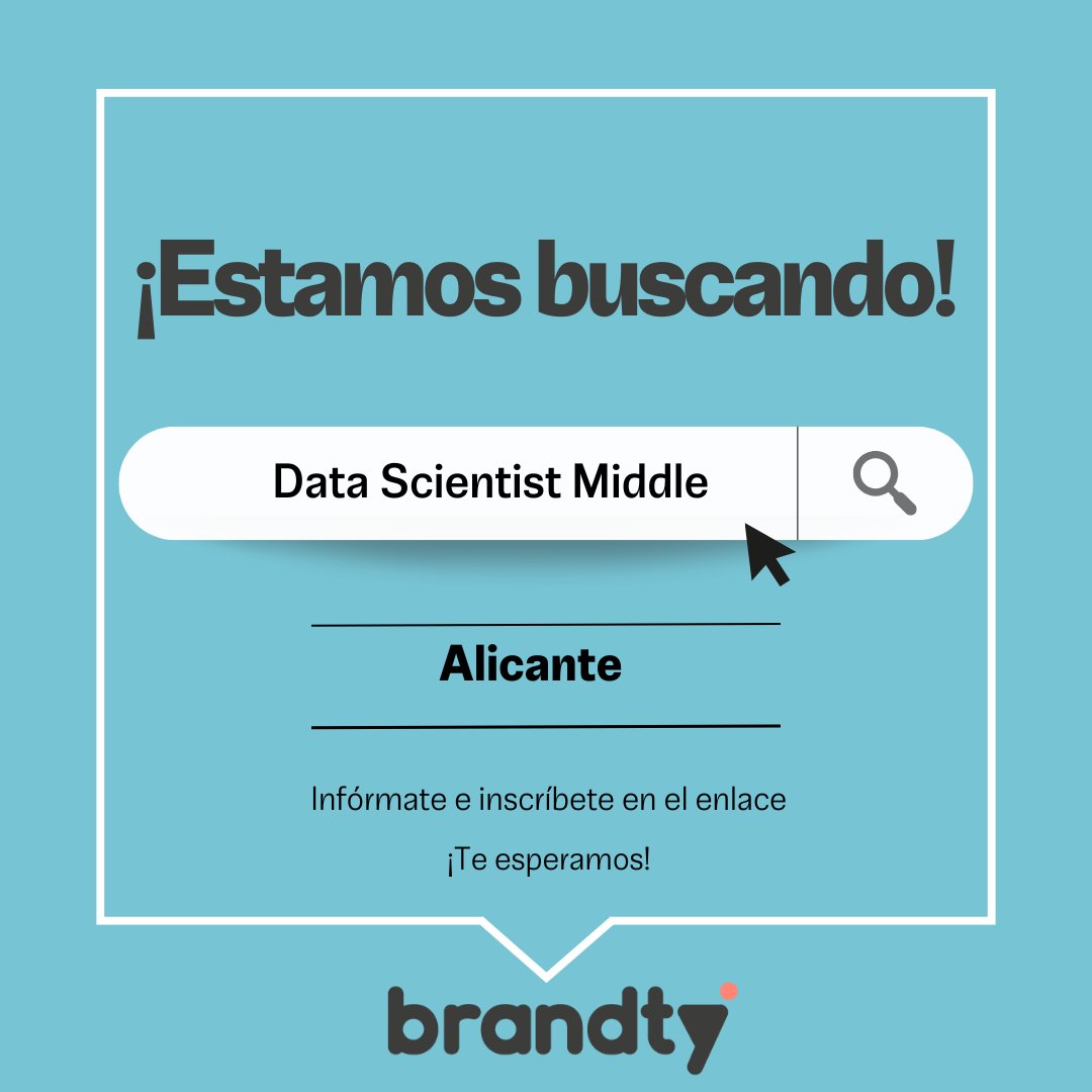 #BrandtyTime! 🚀

¡Nueva oportunidad laboral! 👀

En #Brandty, estamos en la búsqueda de un perfil de Data Scientist Middle para una empresa ubicada en la provincia de #Alicante.

🔗 Inscríbete aquí: empleo.brandtyempleo.es/data-scientist…

👉¡Conectemos el mejor #talento!