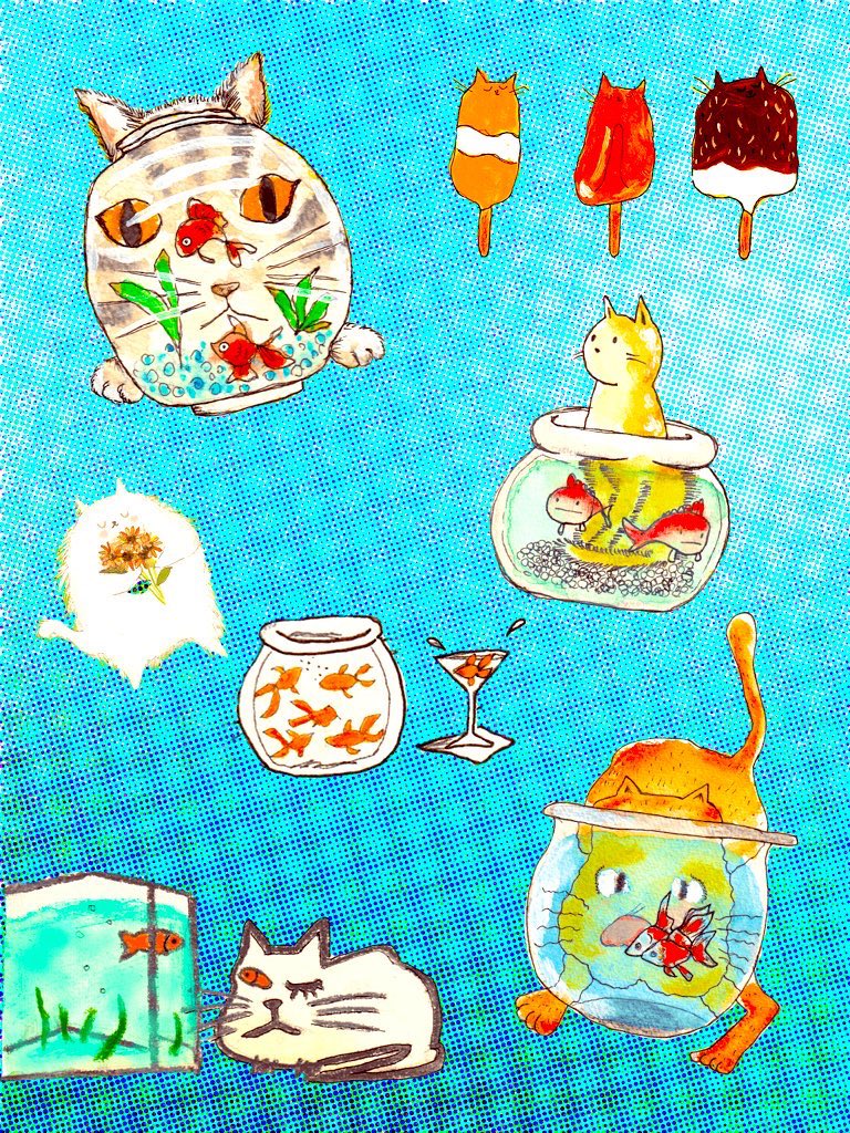#猫 #金魚 #イラスト
猫と金魚と夏と☀️