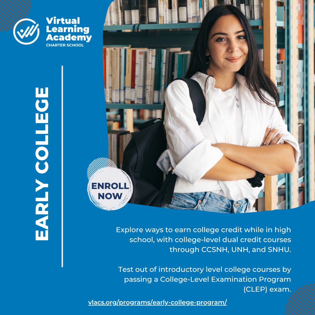 Our Early College program is expanding! VLACS now partners with UNH, SNHU, and CCSNH to provide dual credit courses for sophomores, juniors, and seniors in high school. Open to both NH and out-of-state students. 

Learn more and enroll today: vlacs.org/programs/early…