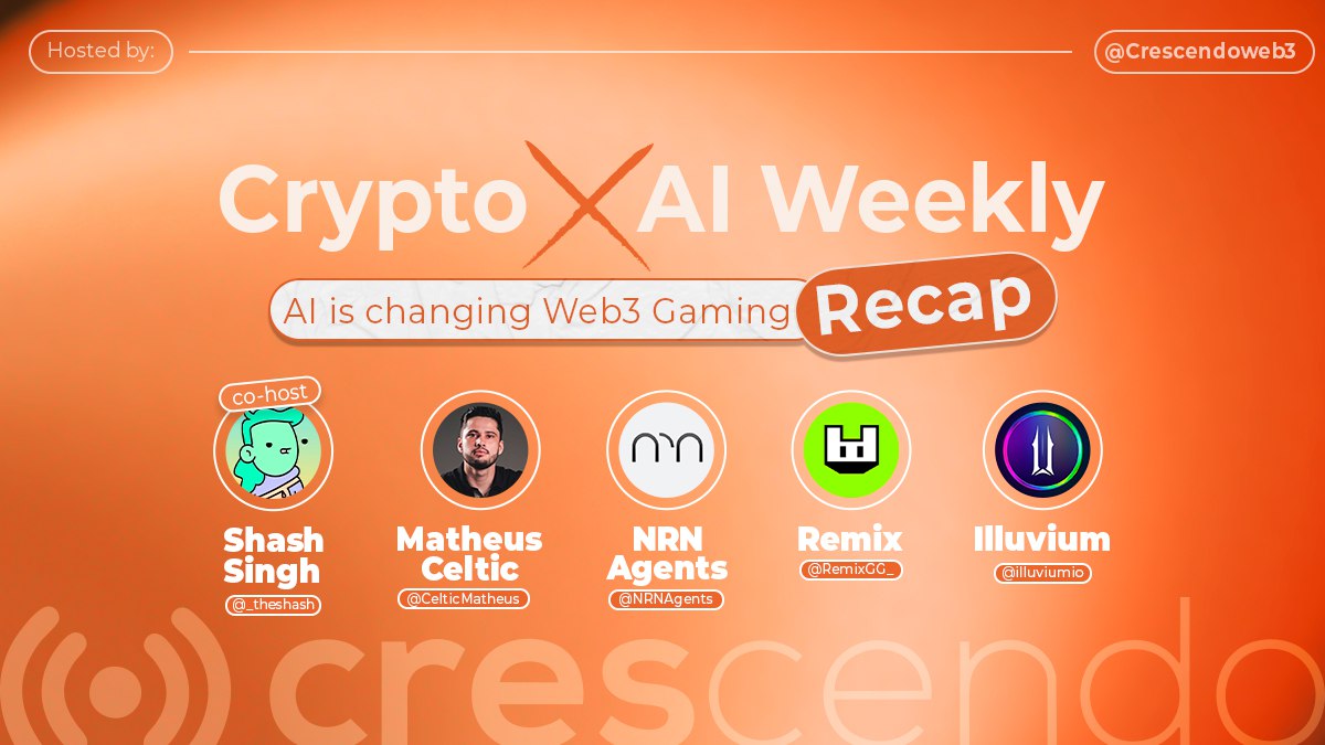 Crescendo (@crescendoweb3) on Twitter photo Players will marry NPCs
Mid-tier publishers will get wiped out
This week’s Crypto x AI Weekly was pure alpha on AI x Gaming’s future with:
<a href="/SamSteffanina/">Sam Steffanina @ Gamescom</a> (CMO of Remix),
<a href="/KieranWarwick/">Kieran.eth</a> (Co-founder of Illuvium)
<a href="/Eeazy_Weezy/">THE GWEI | ʌı</a> (Co-founder of NRN)
<a href="/CelticMatheus/">Matheus Celtic</a> (OG KOL)
Recap 🧵 Players will marry NPCs
Mid-tier publishers will get wiped out
This week’s Crypto x AI Weekly was pure alpha on AI x Gaming’s future with:
<a href="/SamSteffanina/">Sam Steffanina @ Gamescom</a> (CMO of Remix),
<a href="/KieranWarwick/">Kieran.eth</a> (Co-founder of Illuvium)
<a href="/Eeazy_Weezy/">THE GWEI | ʌı</a> (Co-founder of NRN)
<a href="/CelticMatheus/">Matheus Celtic</a> (OG KOL)
Recap 🧵