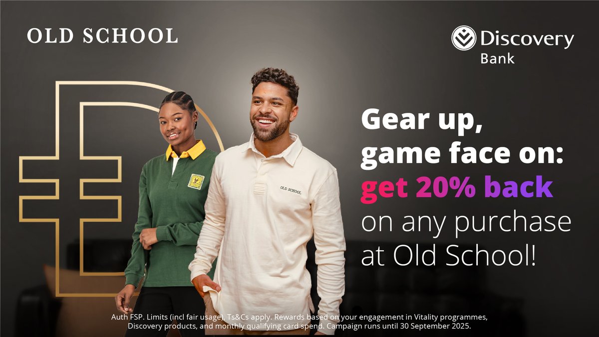 Discovery_SA's tweet photo. 🏆Score big! Discovery Bank clients could earn 20% back in Điscovery Miles when buying ANYTHING online or in-store from Old School – until 30 Sept 2025. Old School sells premium supporters’ jerseys and leisurewear. https://t.co/wffxsVWrgX