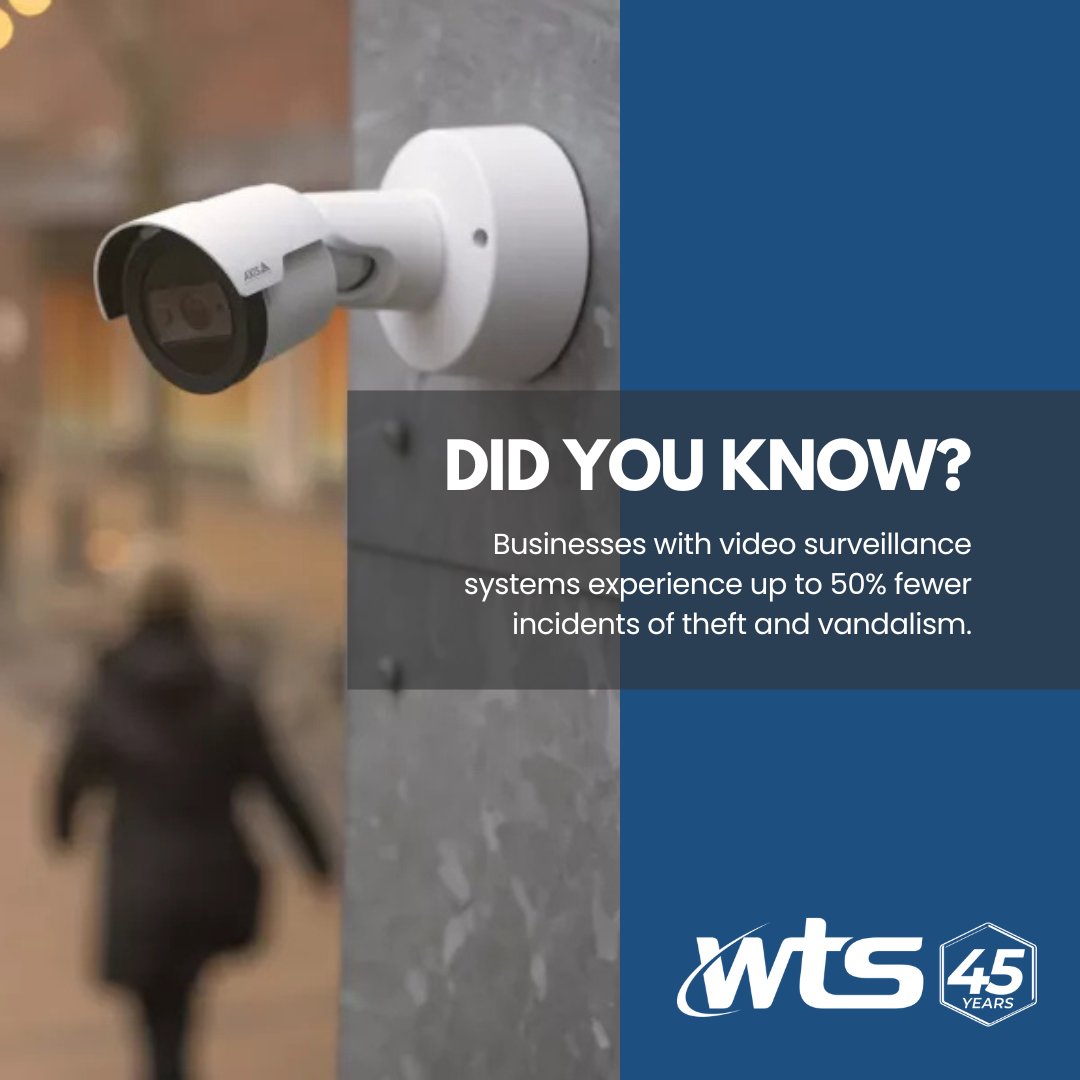 wactel's tweet image. It' #QuickFactFriday! 

𝗗𝗶𝗱 𝘆𝗼𝘂 𝗸𝗻𝗼𝘄?
Businesses with video surveillance systems experience up to 50% fewer incidents of theft and vandalism. 

Whether it’s monitoring entrances, protecting assets, or keeping your team safe—video surveillance is a smart layer of securit