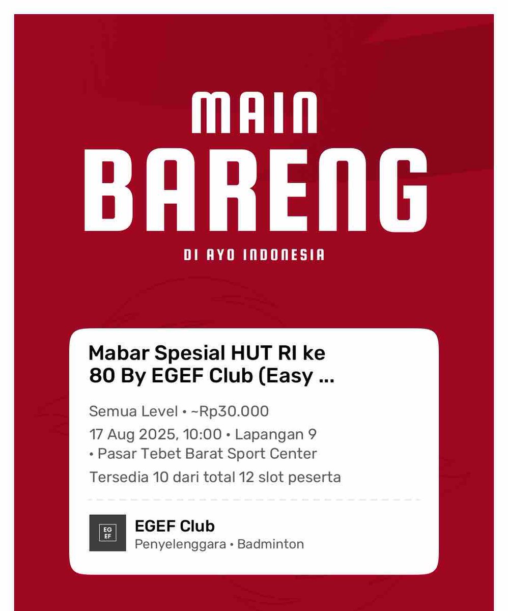 Yg hari minggu 17 Agustus nya gabut ga ikut lomba sama upacara, tp mau bangun pagi dan nyari keringat bisa join mabar badminton di pasar Tebet barat, jam 10 pagi, bisa pm gue, atau klik link berikut untuk detial lebih lanjut 

link.ayo.co.id/l/main_bareng_…