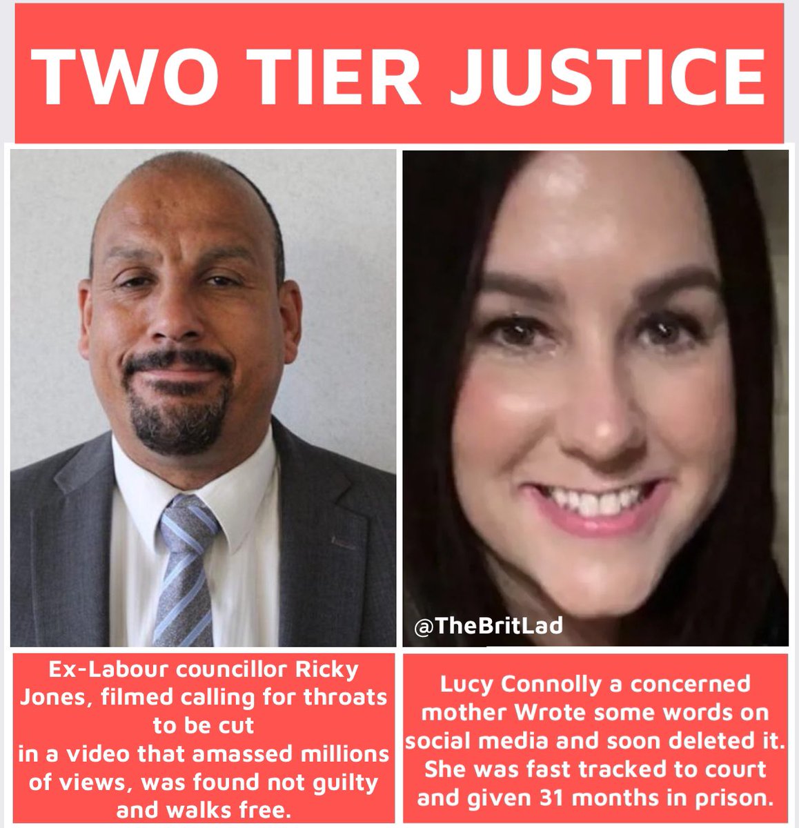 TheBritLad's tweet image. A Labour councillor calls for throats to be cut that massed millions of views

The outcome? Walks free.

A concerned mother who wrote some words on a social media post which was soon deleted.

The outcome? 31 months prison time.

This is unacceptable.