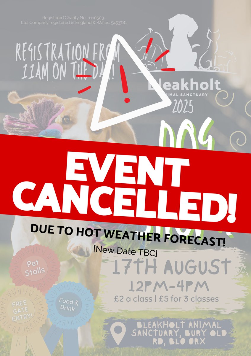 ☹️Sadly our Dog Show is postponed. Forecast is high temperatures that could put dogs (&amp; humans) at risk⚠️Their welfare must come 1st. This was not an easy decision, just the responsible one for safety/comfort. We hope to reschedule, many thanks for your understanding💙<a href="/BleakholtF/">Bleakholt sanctuary farm and small animals.</a>