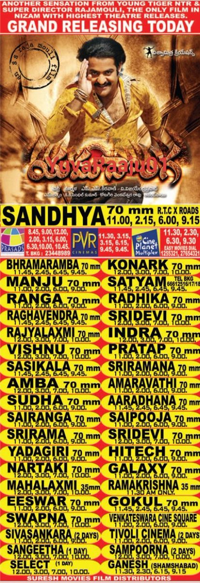 YuvaRaaju01's tweet photo. #18YearsForYamaDonga
Starring: @tarak9999
Directed by: @ssrajamouli
Hyd - SANDHYA 70MM - 100DAYS RUN 💥🔥 Replaced with #MaisammaIPS
Secbad - MANJU - 51Days RUN 💥 Replaced with #Bhayya https://t.co/G5dXI6uHA7