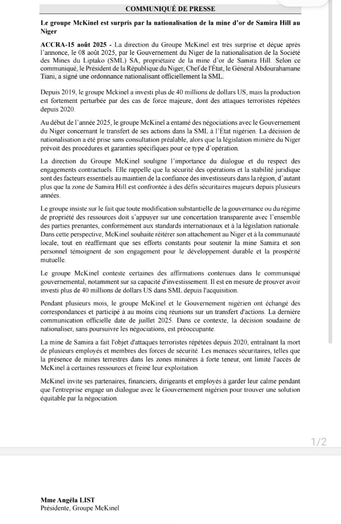 #Niger ☣️ Le groupe #McKinel rejette les affirmations sur sa prétendue incapacité d’investissement. Le groupe affirme preuves à l’appui avoir injecté plus de 40 M$ dans la mine de #Samira depuis 2019 et dénonce la décision soudaine de #nationalisation de la mine (SML).

<a href="/ighazer/">Pagoui</a>
