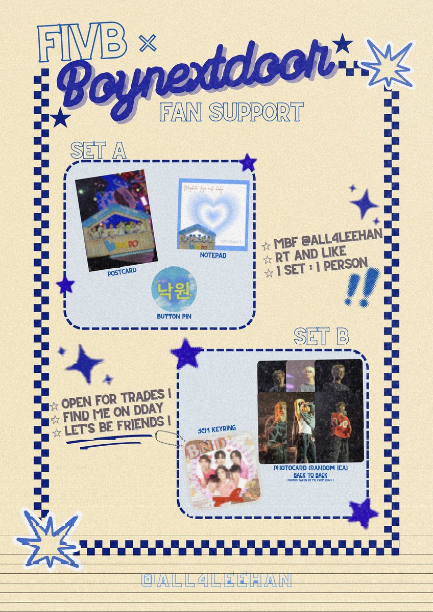 all4Leehan's tweet photo. Boynextdoor × FIVB
⋆·˚ ༘ *  fan support by : @all4Leehan 
☆ MBF, rt &amp; like (show proofs on dday)
☆1:1 ratio, limited quantity 
☆DM for trades 
☆loc tba !

#BOYNEXTDOOR #보이넥스트도어 #FIVB #WCH2025 #WCHCelebrityAmbassador https://t.co/gpBdMdEa5O