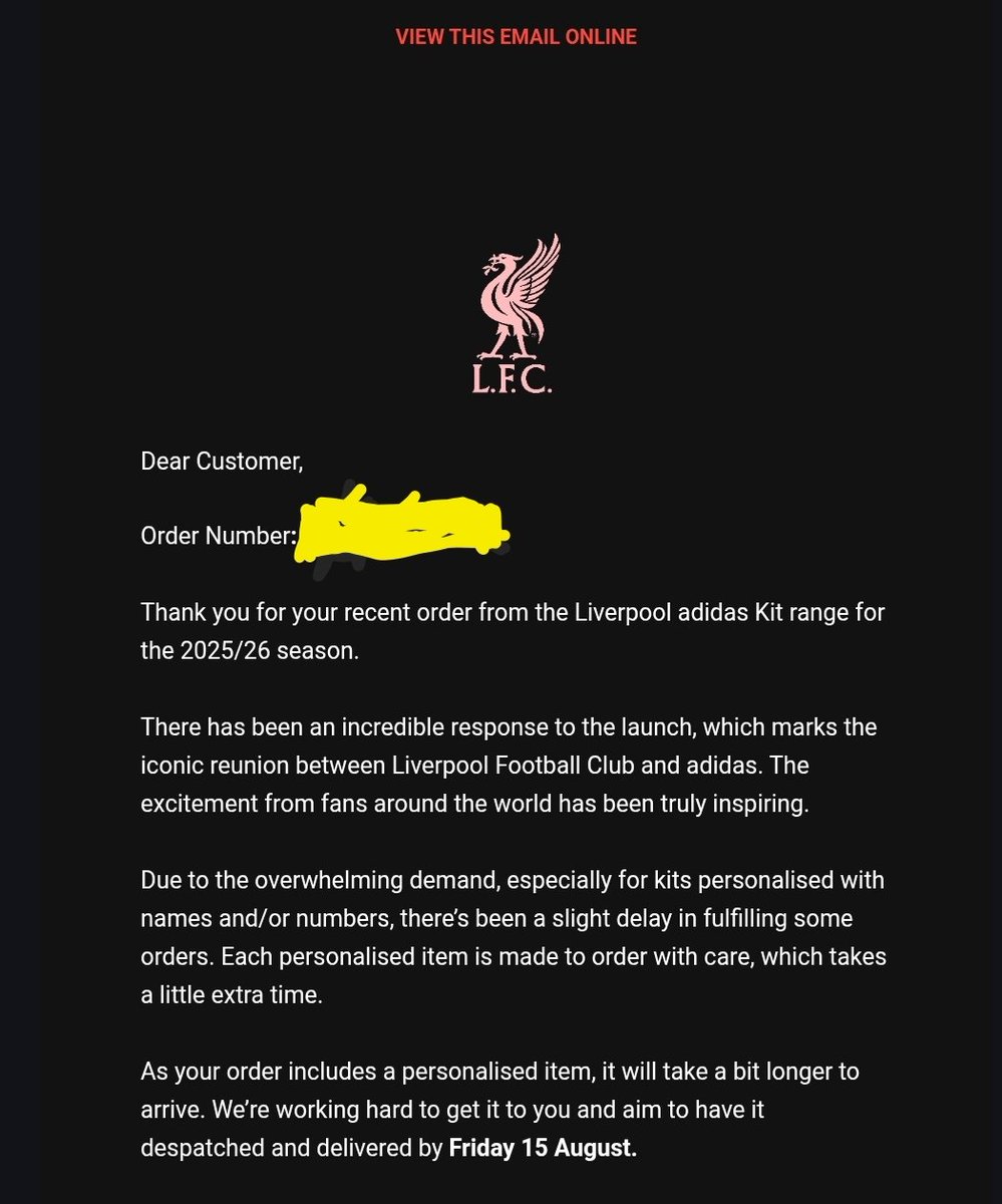Bic803's tweet photo. @LFC £260 spent on release day 2 weeks ago and still the order shows as "Processing"
Kinda embarrassing tbf
Received the attached email last week and still no updated communications, clearly i aint receiving my order today
#LFC #lfcstore https://t.co/QLUhI1UpVm