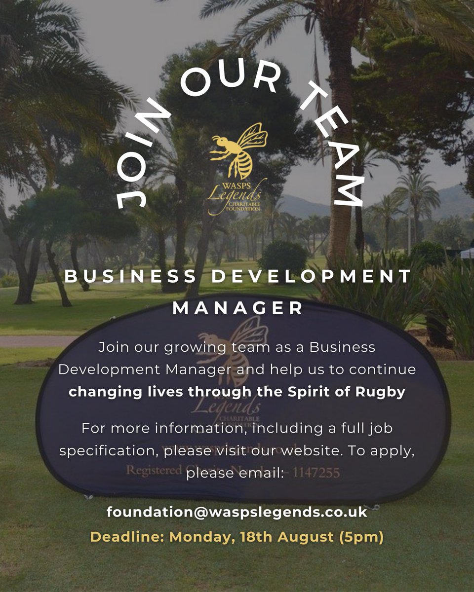 Wasps Legends Charitable Foundation (@waspslegends) on Twitter photo You have just three days left to apply to become a part of our team!
We are recruiting for a Business Development Manager to help us continue changing lives through the Spirit of Rugby. 
For a full job specification and to apply👇 
linktr.ee/waspslegends You have just three days left to apply to become a part of our team!
We are recruiting for a Business Development Manager to help us continue changing lives through the Spirit of Rugby. 
For a full job specification and to apply👇 
linktr.ee/waspslegends