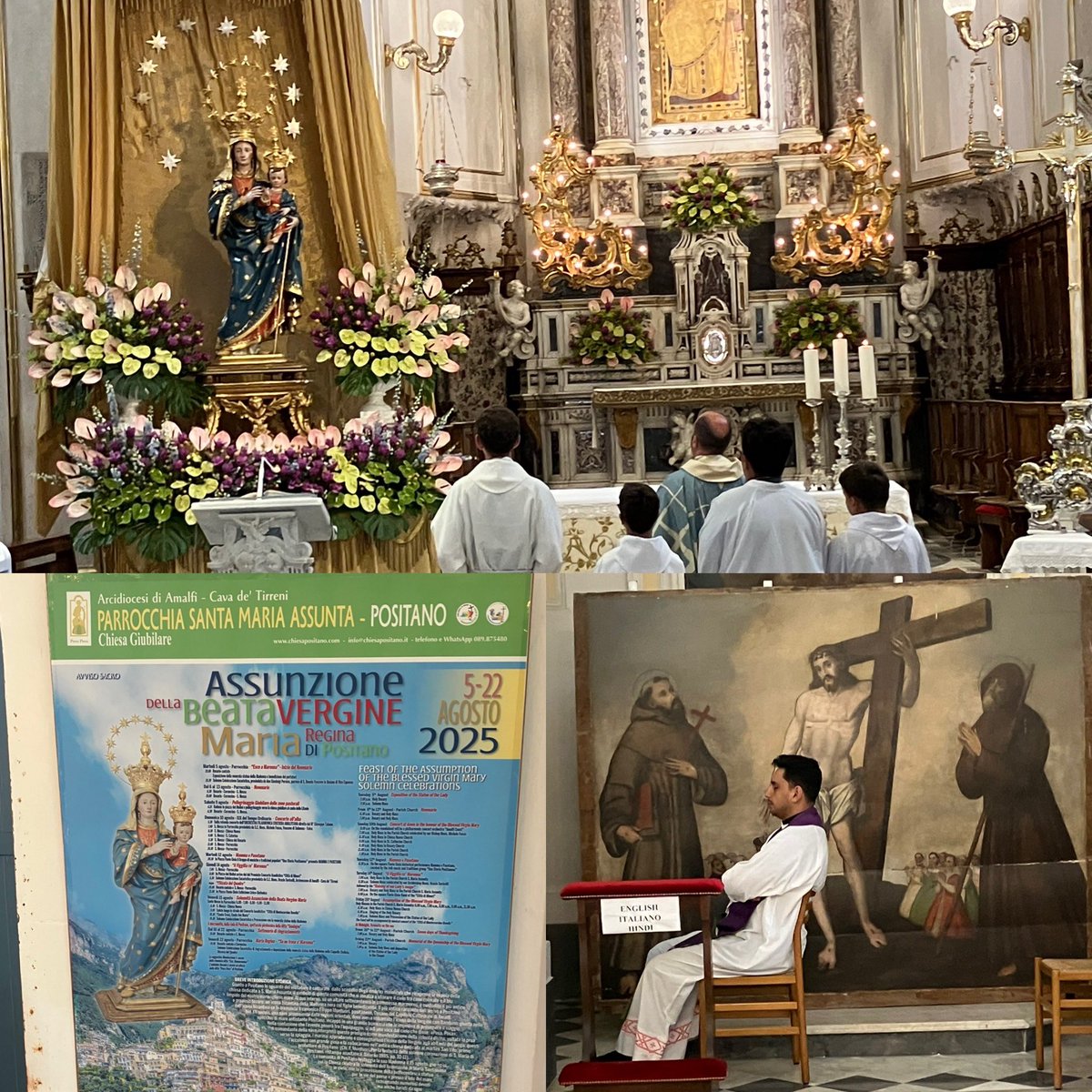 Beautiful Mass of the Assumption here, illustrating both the particularity of the Church, with flowers for Maria, Regina di Positano, and its catholicity, with confessions heard in, for instance, Hindi. #ferragosto