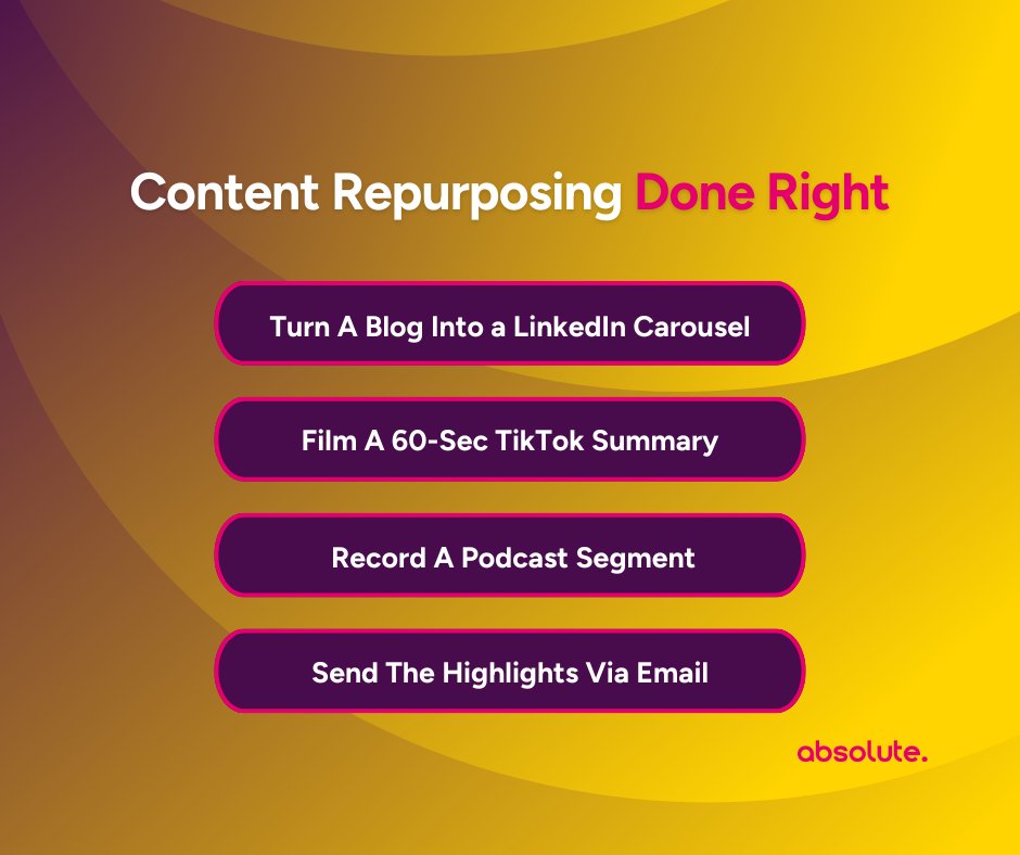 AbsoluteDMedia's tweet image. Maximise every piece of content. 🔄
One blog = five assets:
📌 LinkedIn carousel
🎥 60-sec TikTok
🎙️ Podcast mention
📧 Email highlights
One idea, multiple channels = smart marketing. 💯
#ContentMarketing #RepurposeContent #DigitalStrategy #SEO